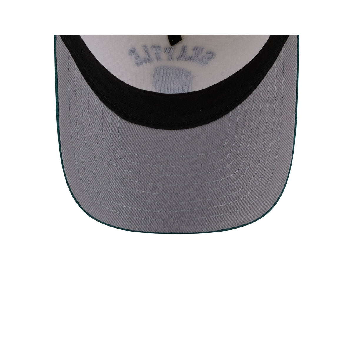Close-up of the front of a baseball cap showing a white front panel with dark gray curved stitching, a black curved brim edge, and a dark gray brim.