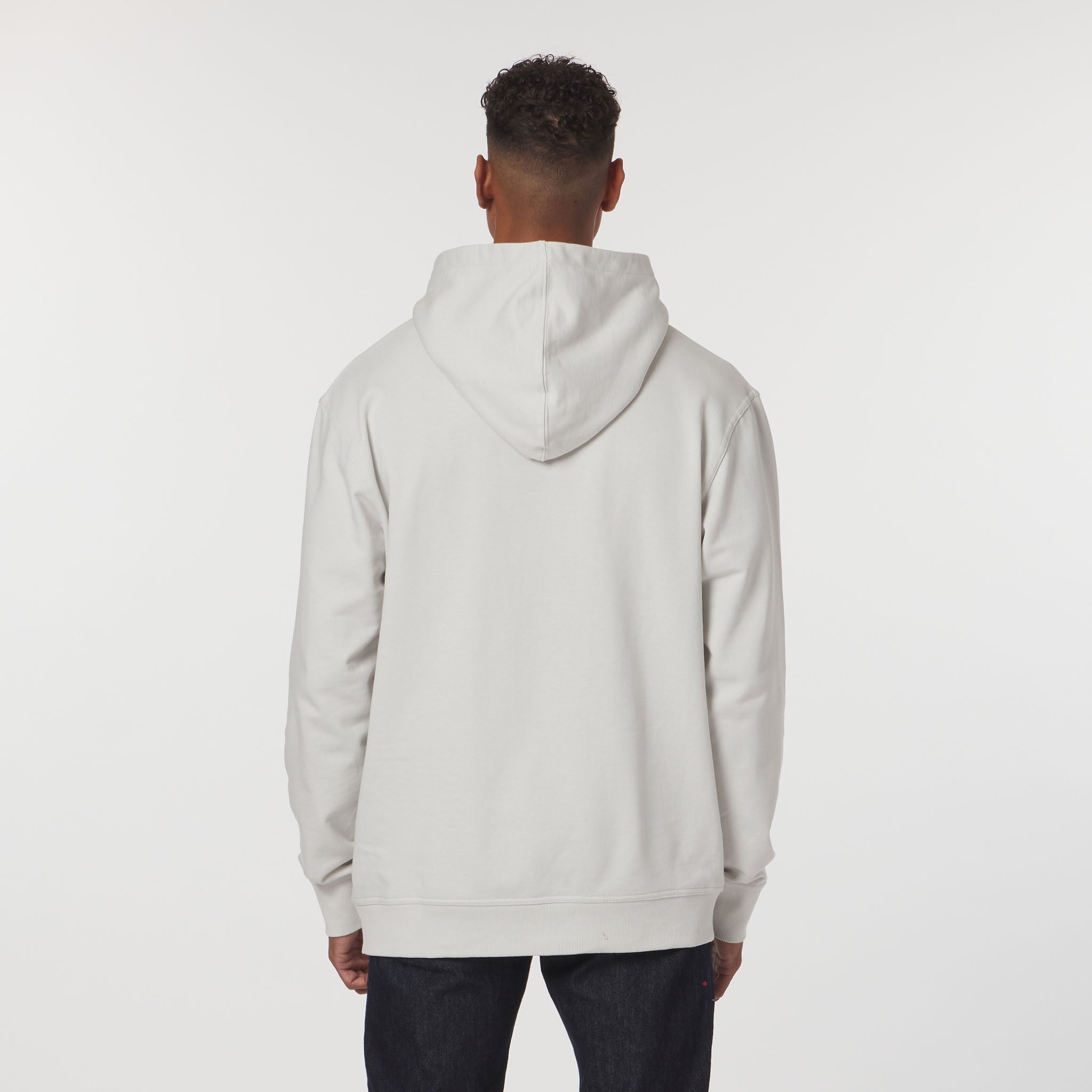 Person wearing a light gray hoodie on a white background