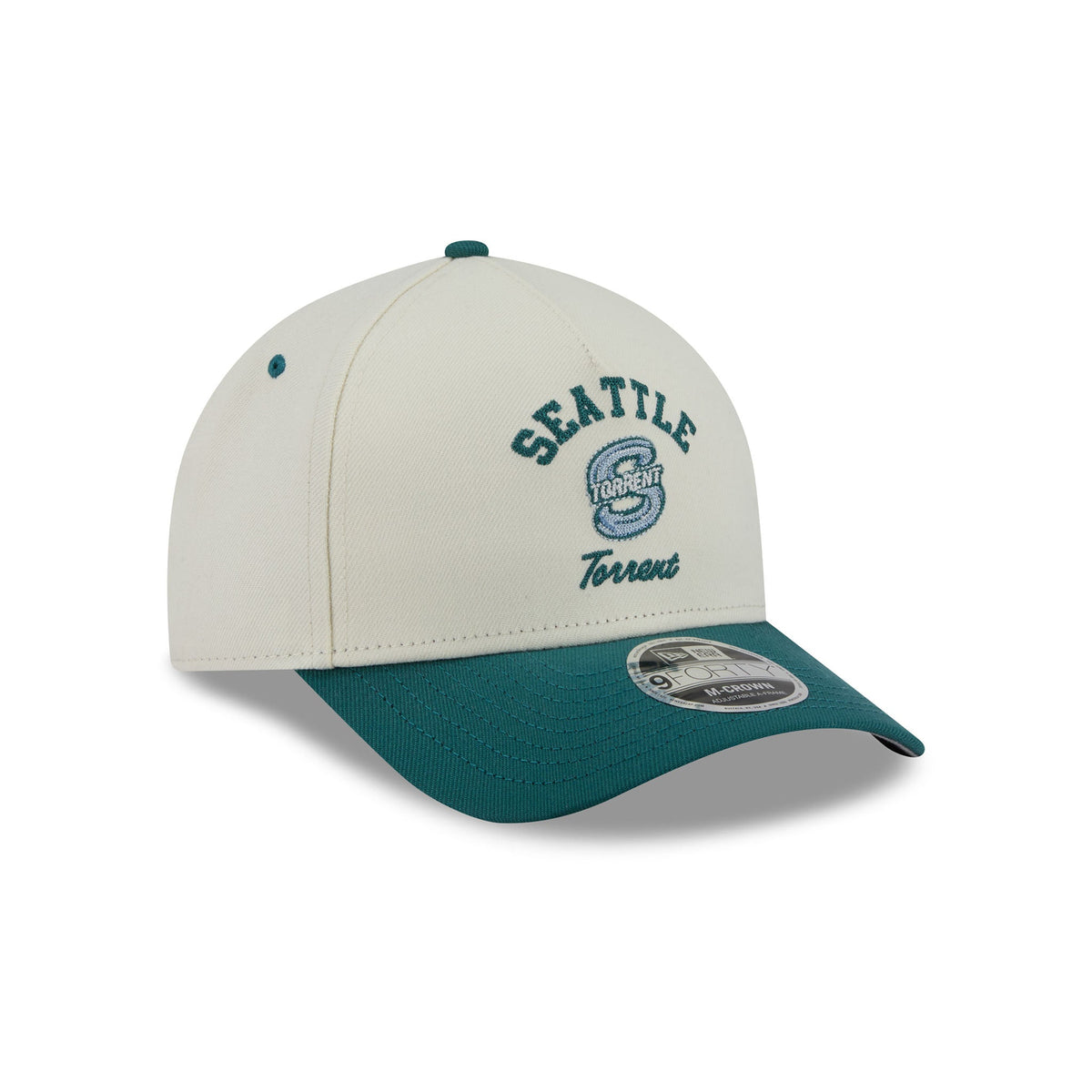 A structured baseball cap with an off-white crown and a dark teal visor, featuring 'SEATTLE Torrent' embroidered on the front. A New Era 9FORTY sticker is visible on the brim.