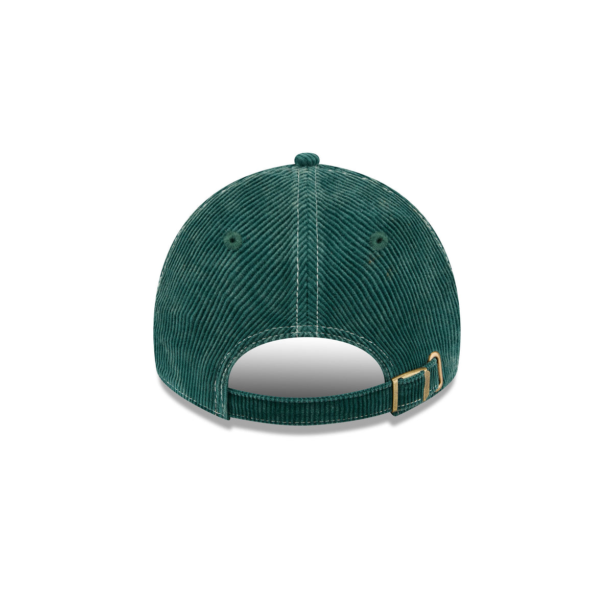 A dark green corduroy baseball cap shown from the back, featuring a gold-tone metal buckle on the adjustable strap, set against a plain white background.