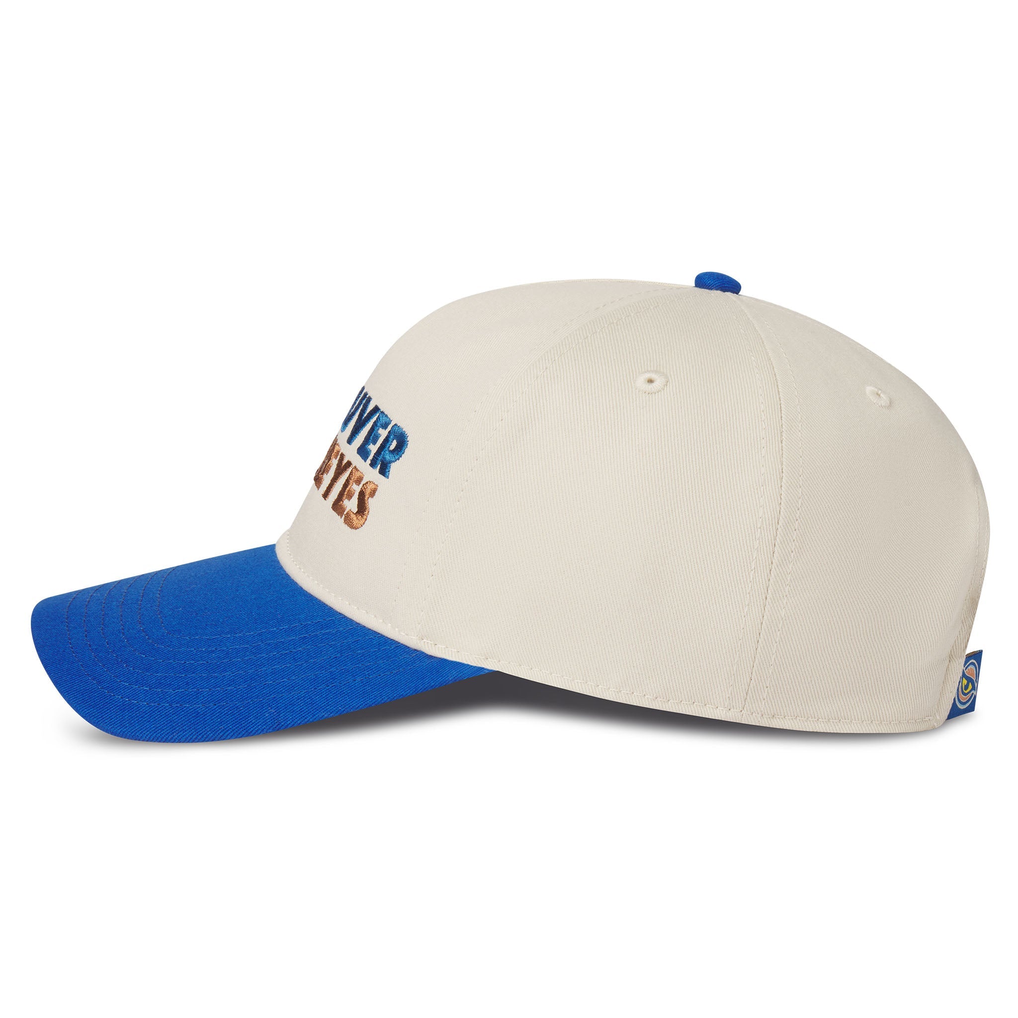 Beige and blue baseball cap with text on a white background