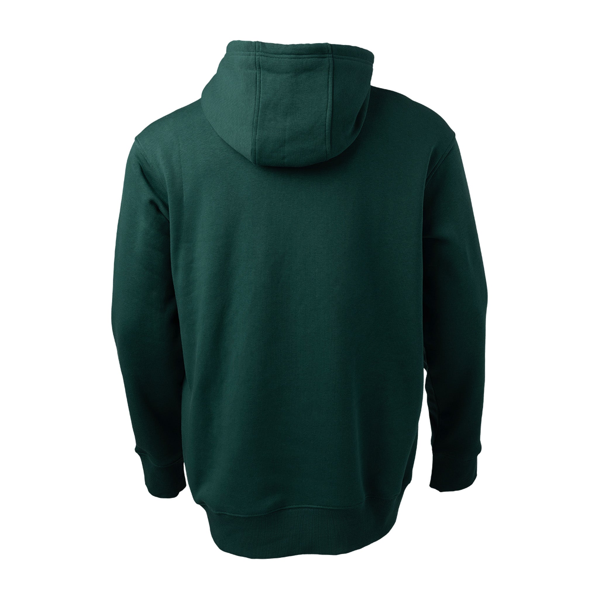 Green hoodie shown from the back on a white background