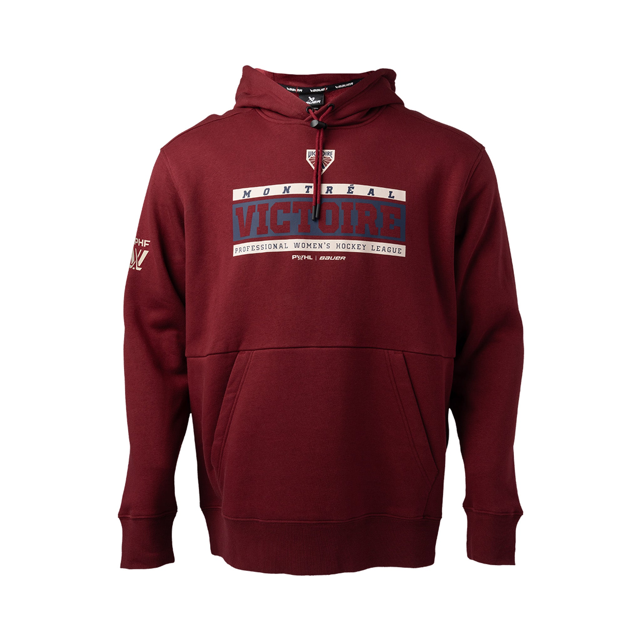 Maroon hoodie with branding on a white background