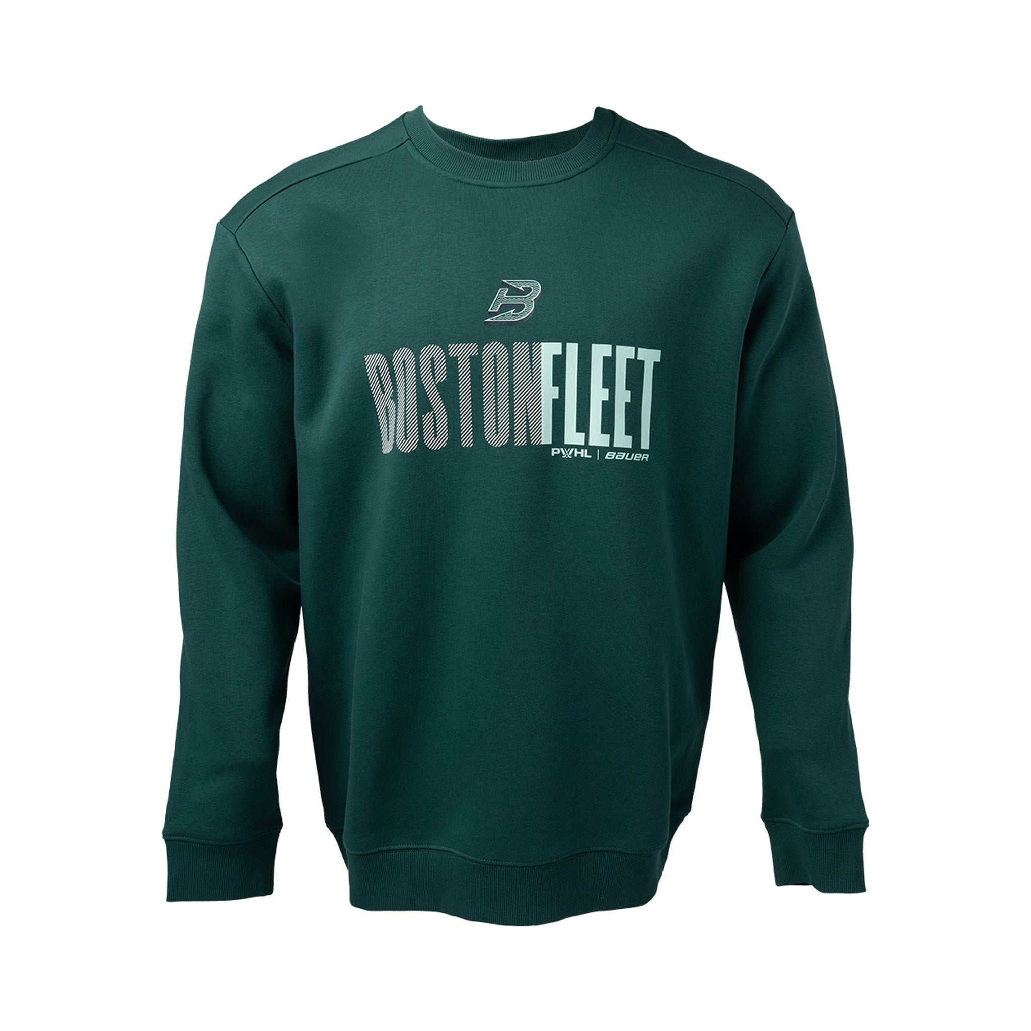 Green sweatshirt with 'Boston Fleet' text on a white background