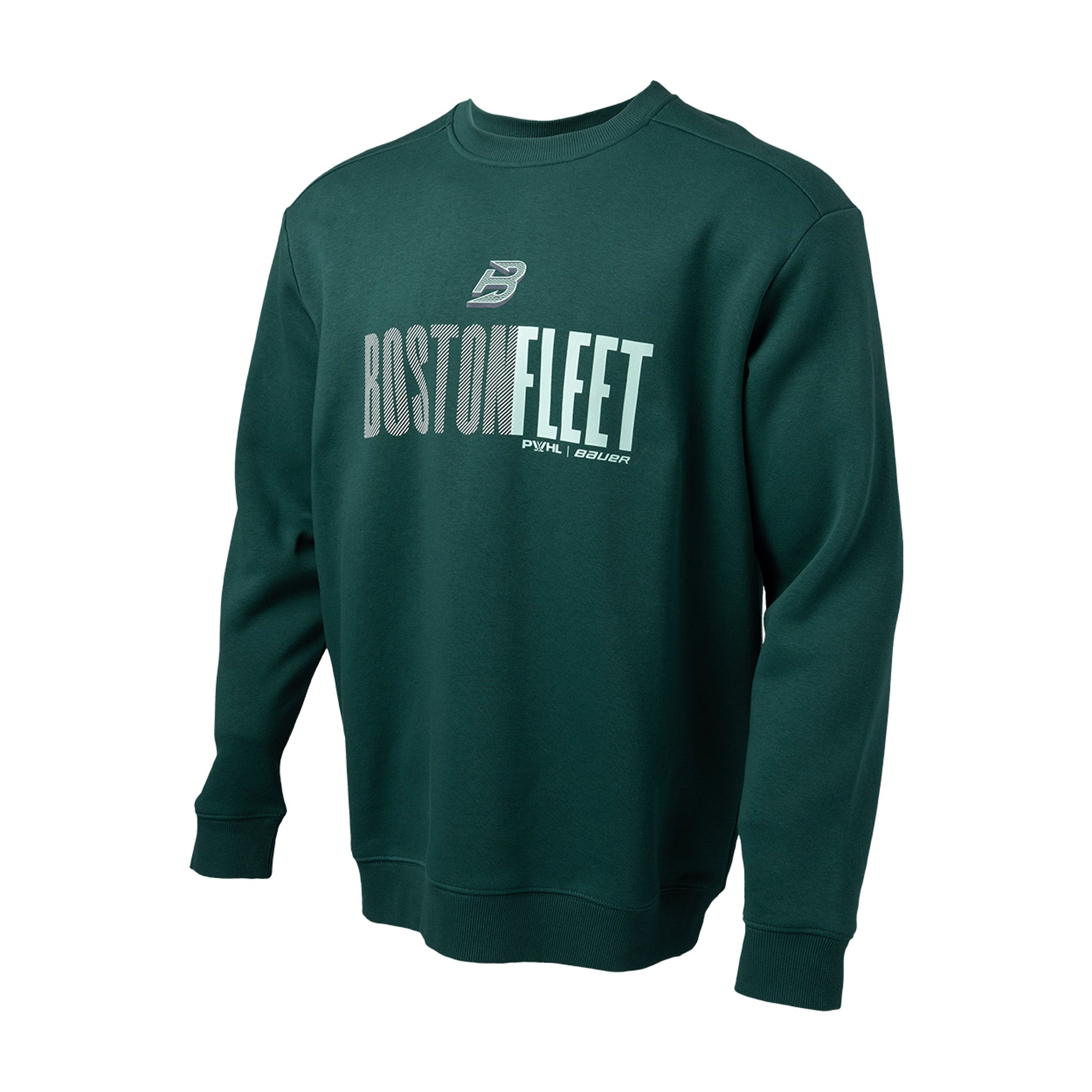 Green sweatshirt with 'Boston Fleet' text on a white background
