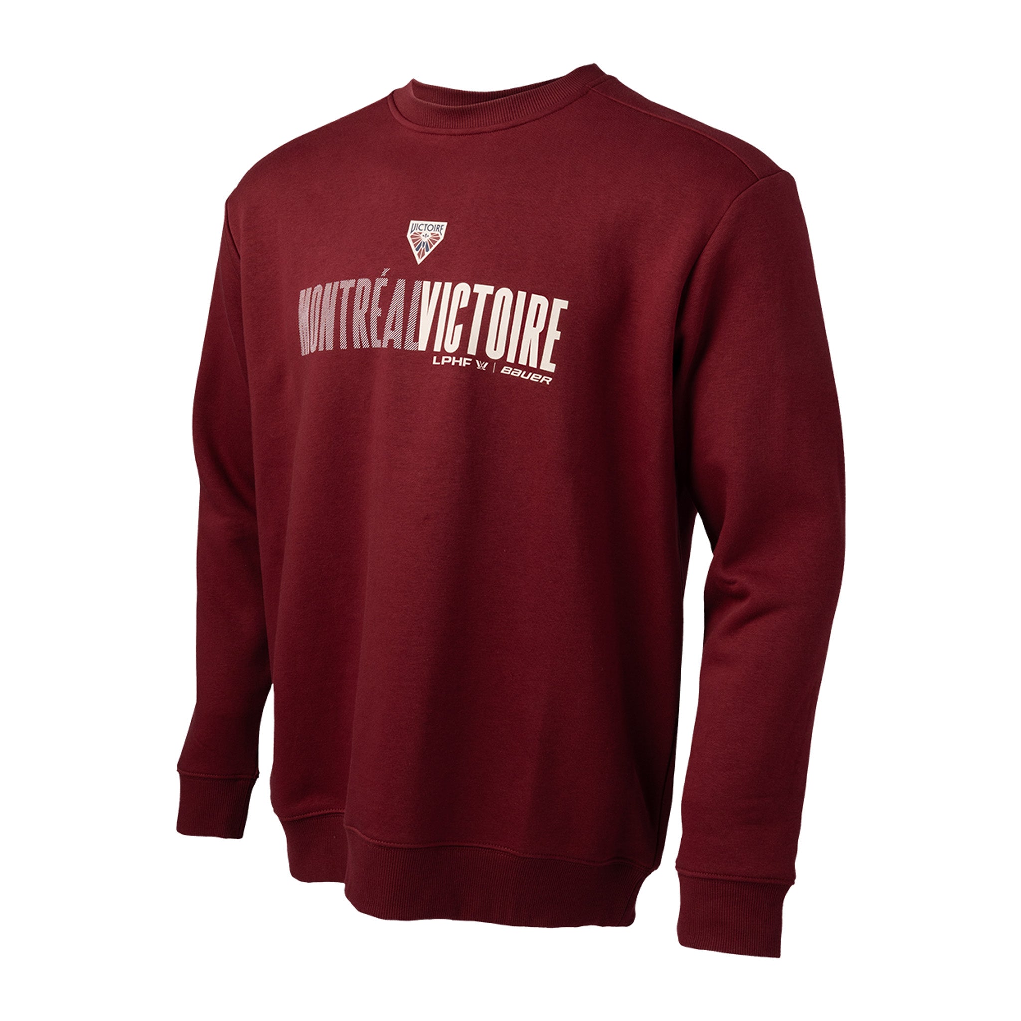 Maroon sweatshirt with 'Montreéal Victoire' text on a white background