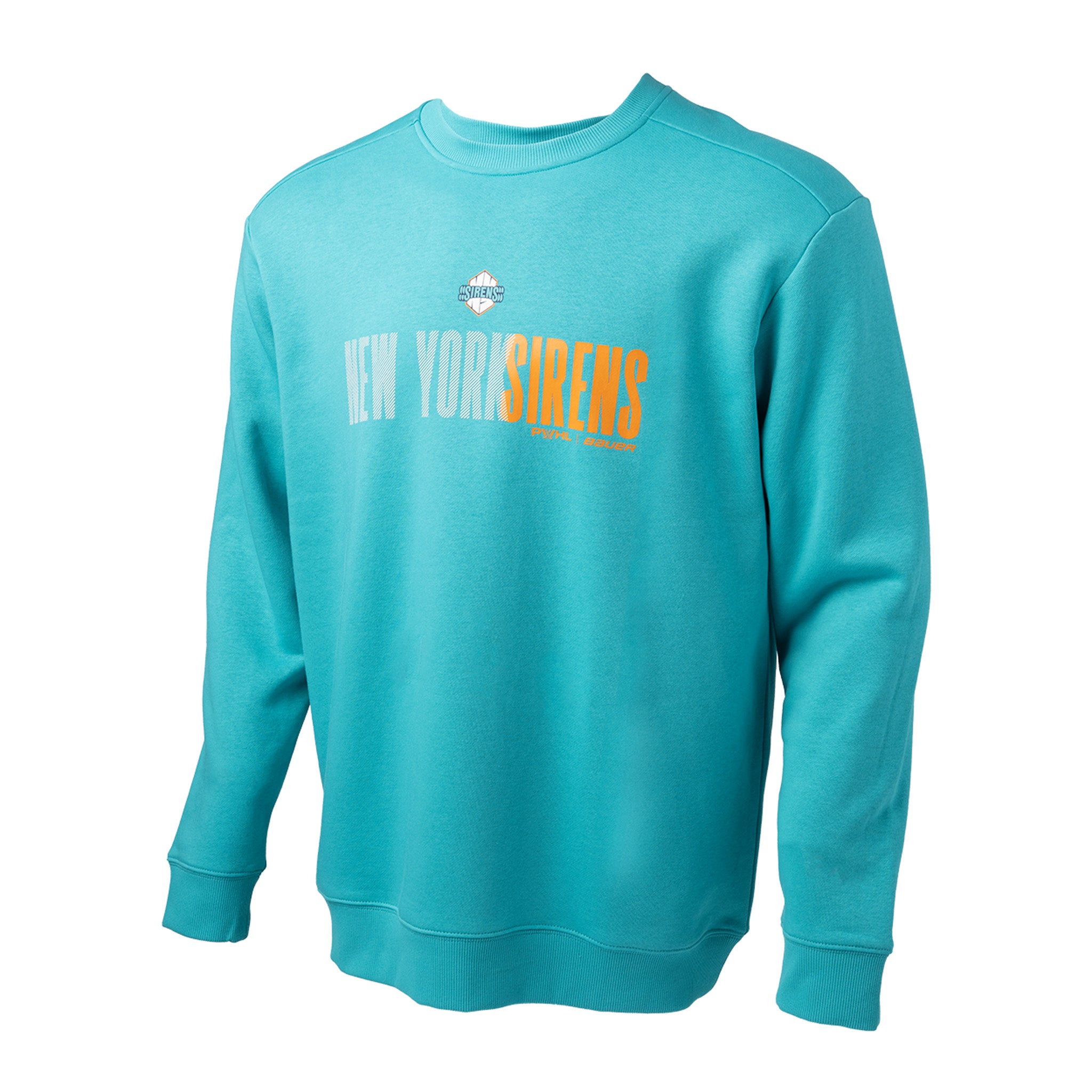 Teal sweatshirt with 'New York Sirens' text on a white background