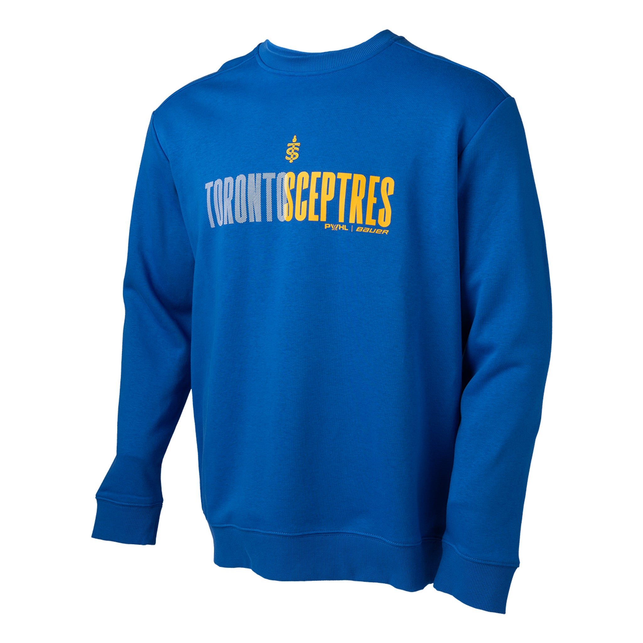 Blue sweatshirt with yellow text on a white background