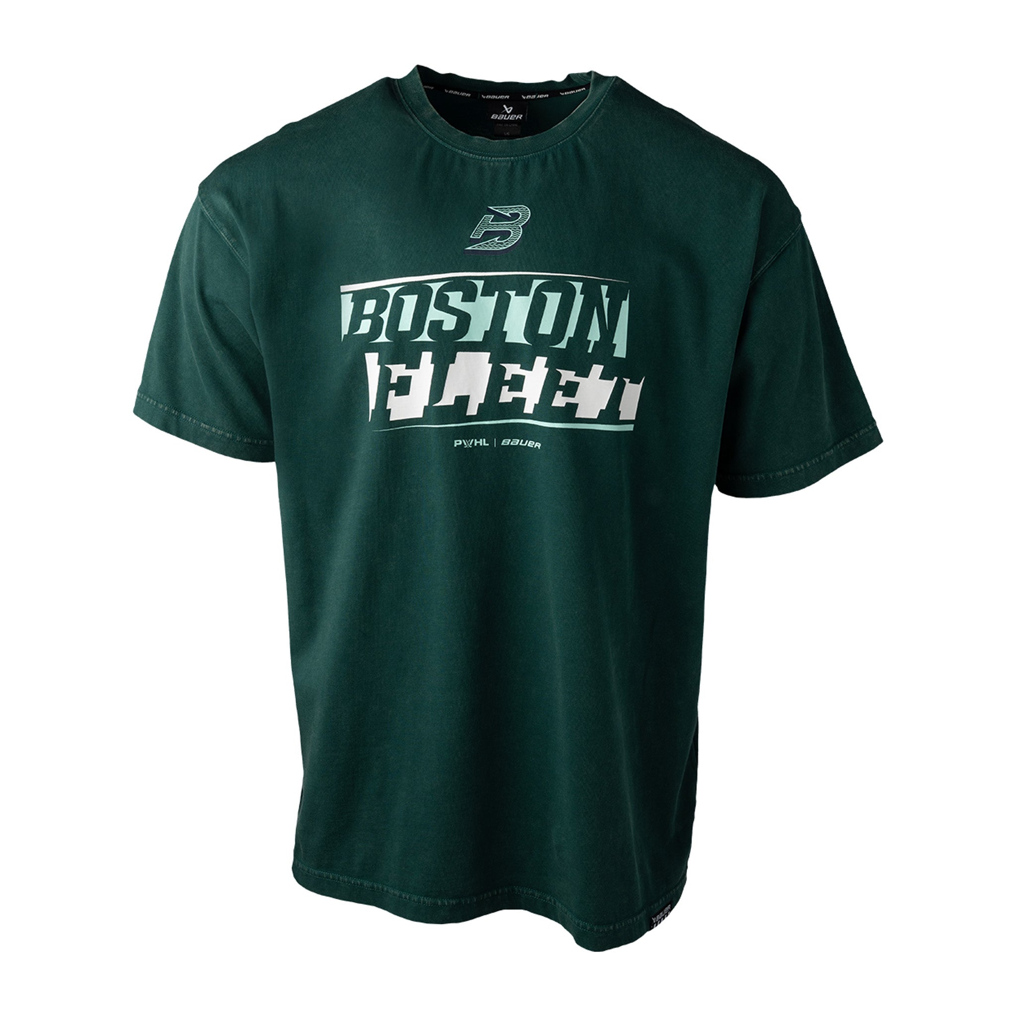 Green t-shirt with 'Boston' text on a white background