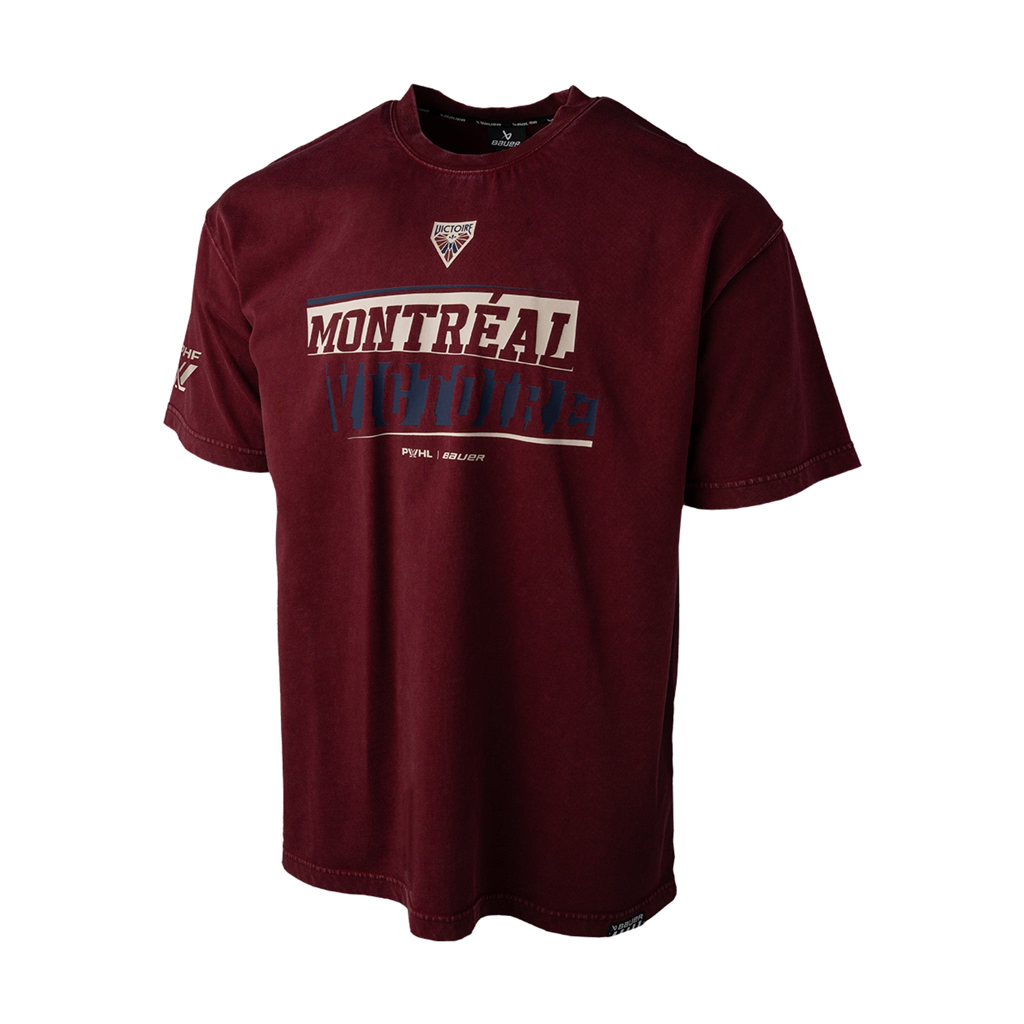 Maroon t-shirt with 'Montreal' text on a white background