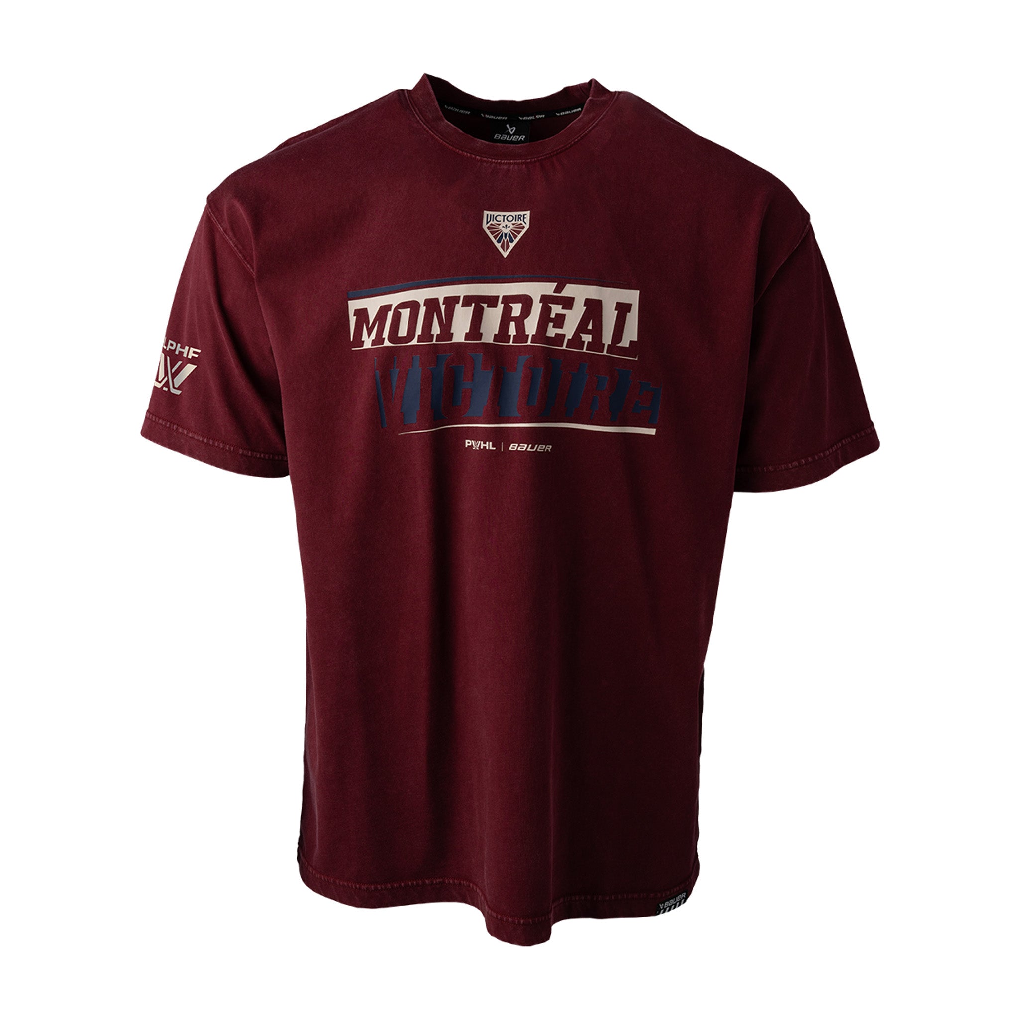 Maroon t-shirt with 'Montreal' text on a white background