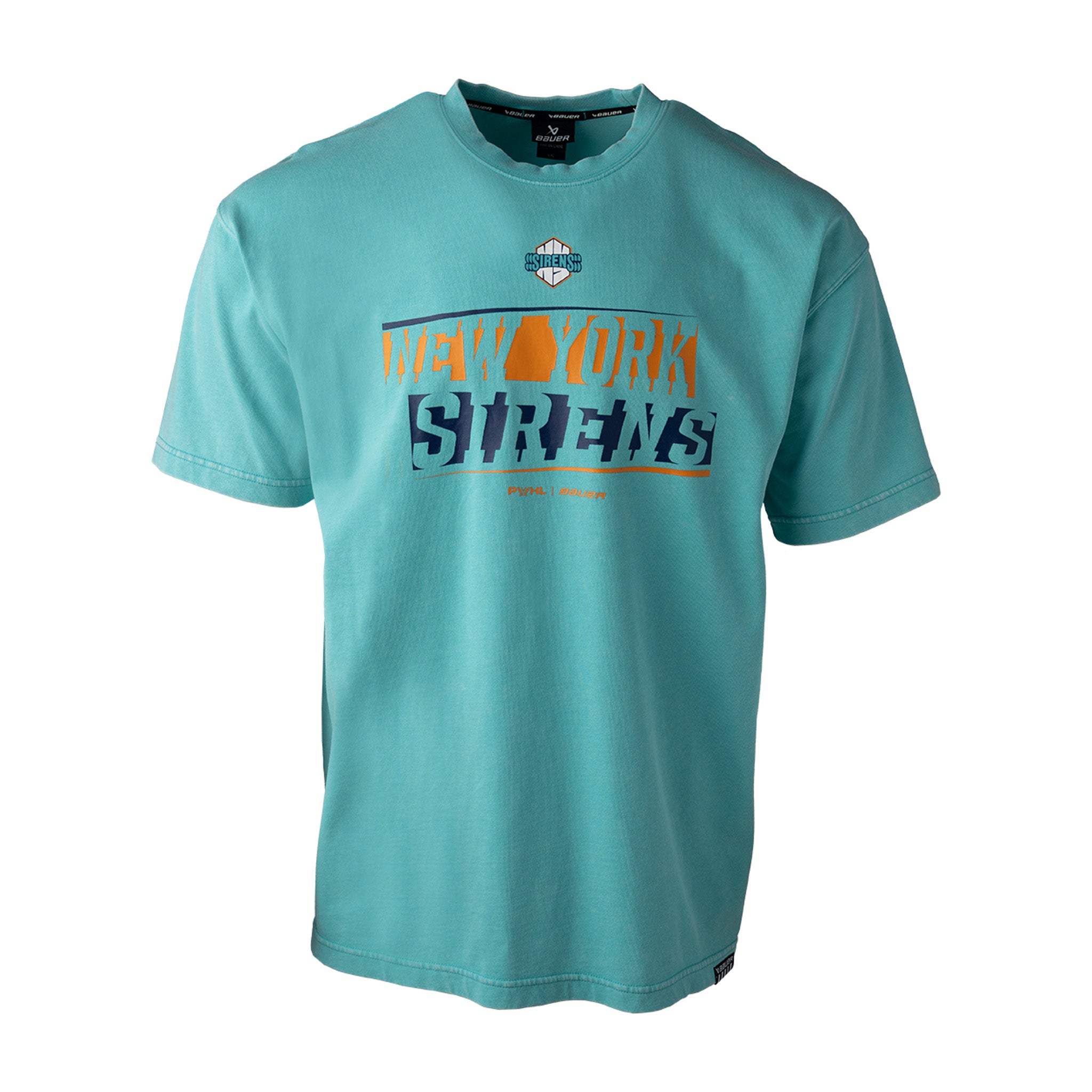 Teal t-shirt with 'New York Sirens' text on a white background