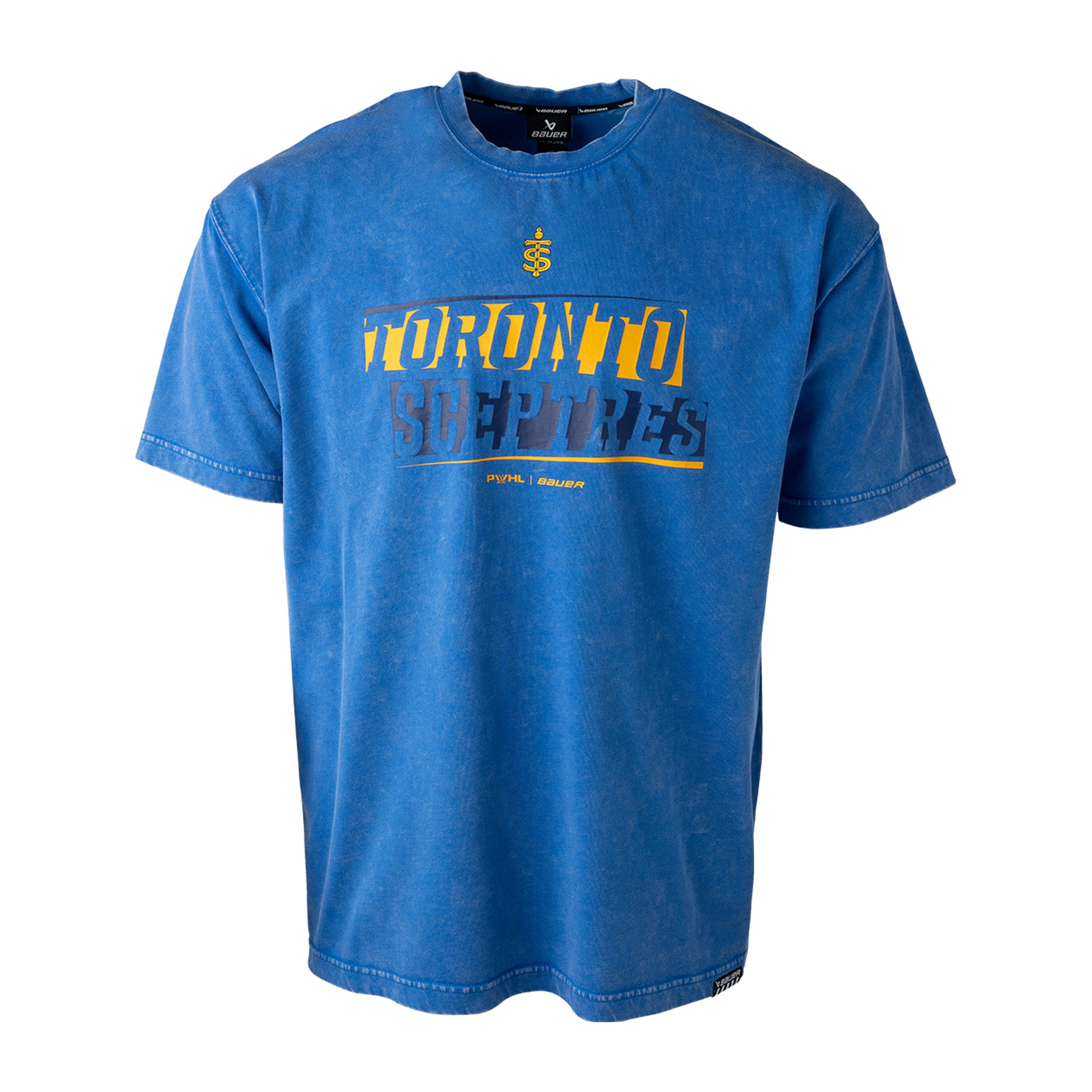 Blue t-shirt with yellow text and logo on a white background