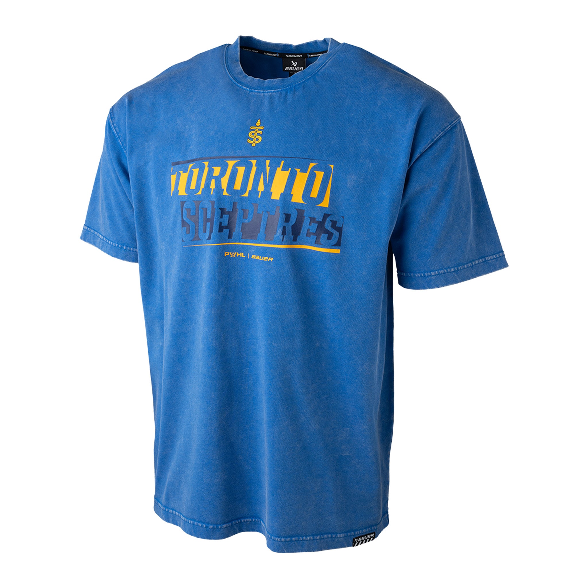 Blue t-shirt with yellow text on a white background