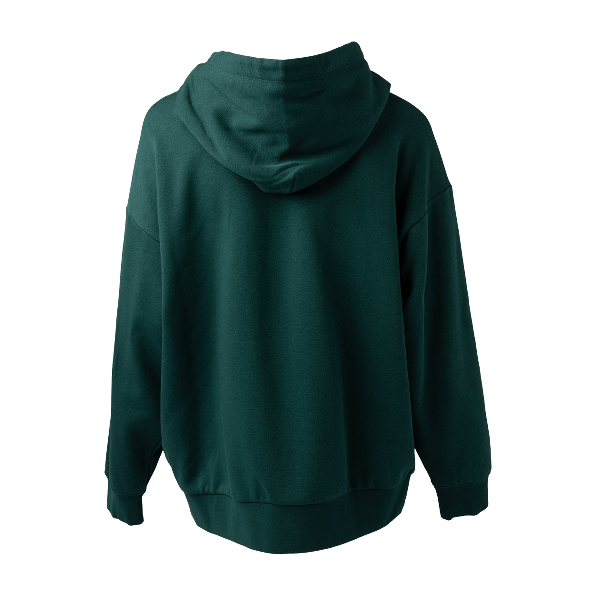 Green hoodie shown from the back on a white background