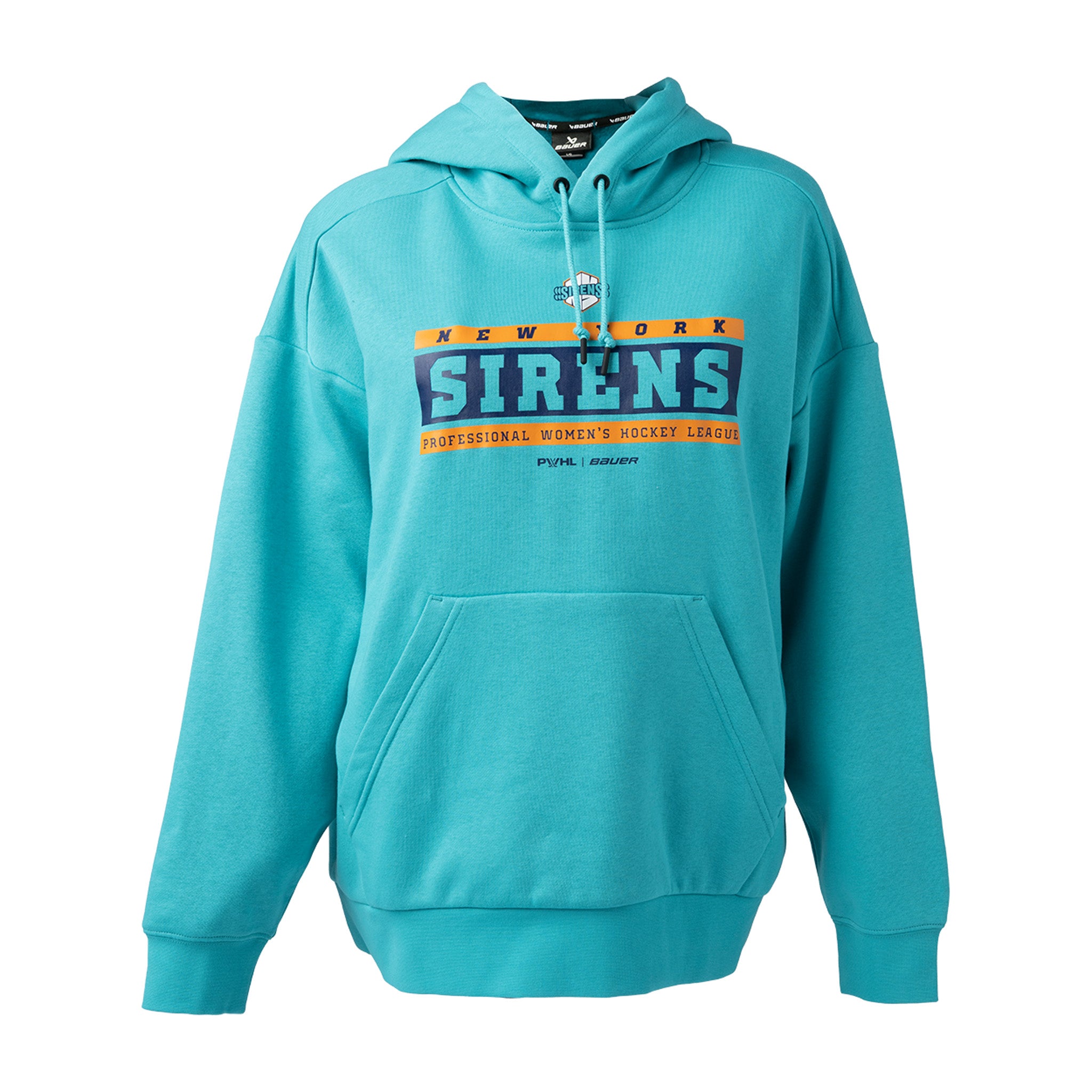 Teal hoodie with 'New York Sirens' text on a white background