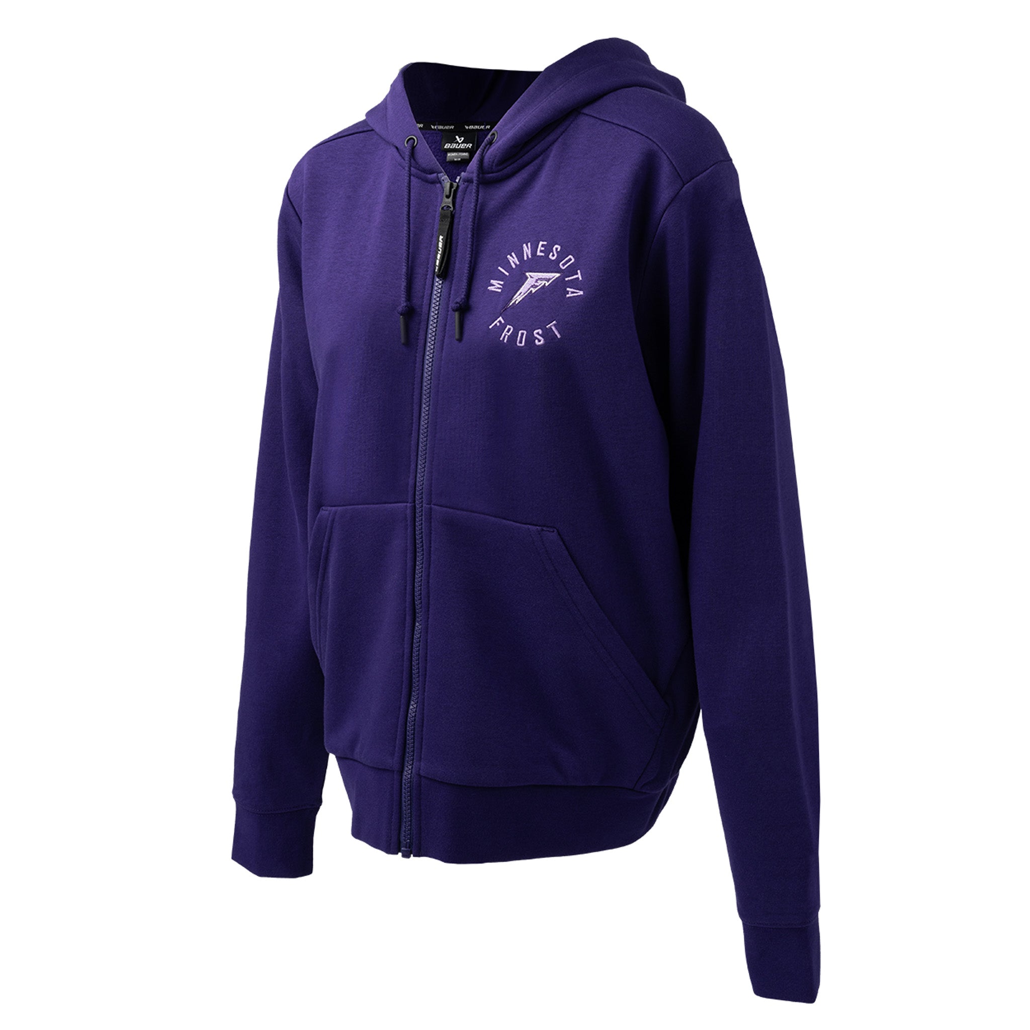 Purple hoodie with a logo on the chest against a white background