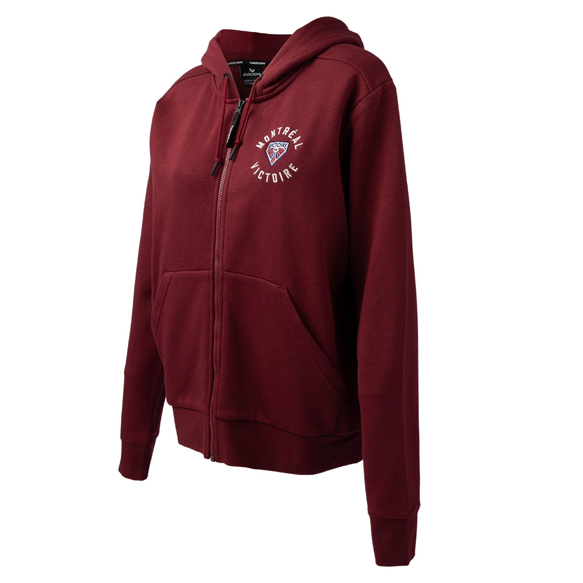Maroon hoodie with a logo on the chest against a white background