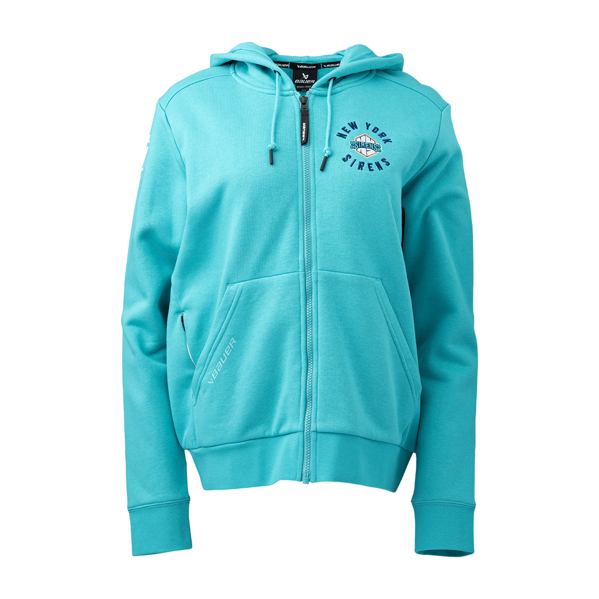 Teal hoodie with a logo on the chest against a white background