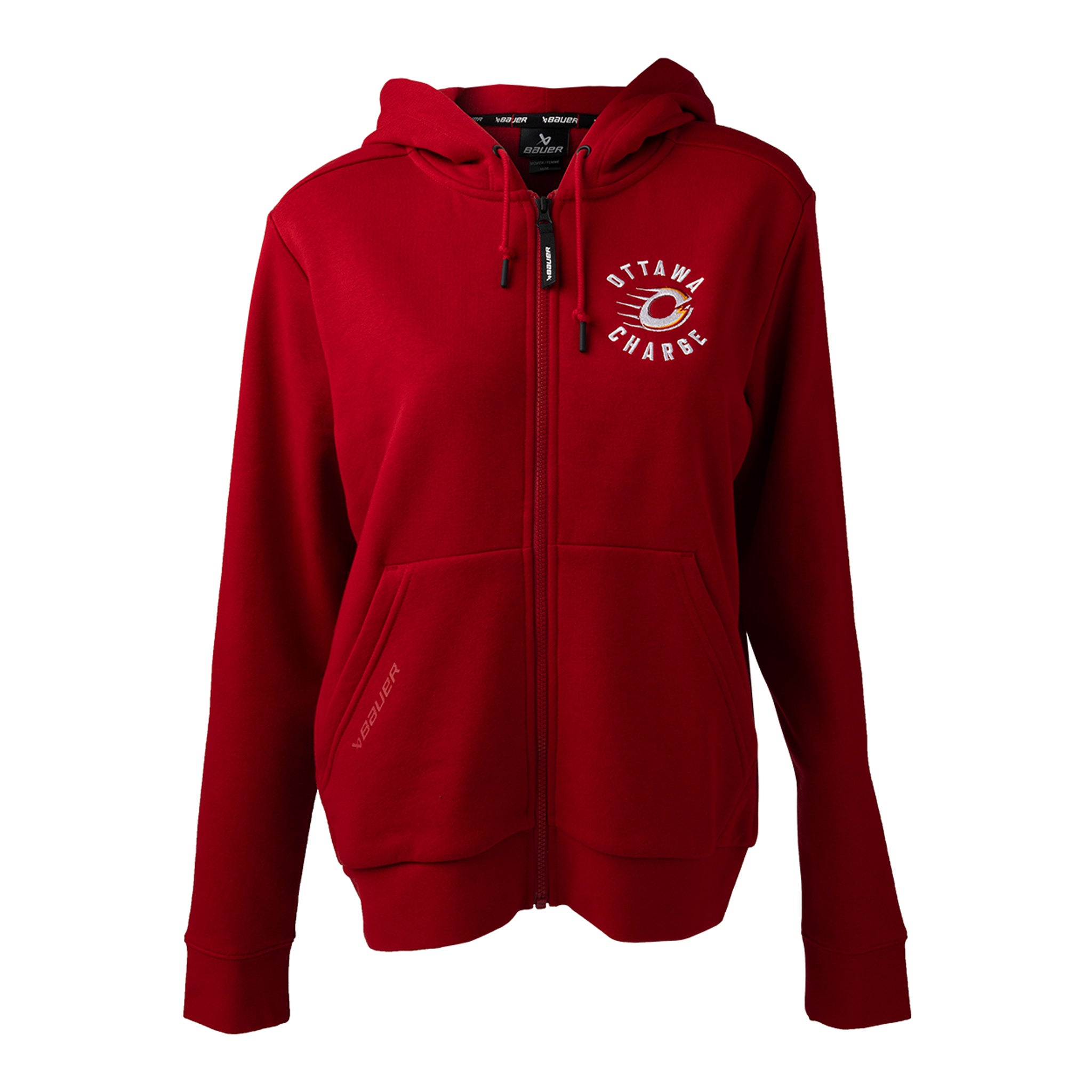 Red hoodie with a logo on the chest against a white background
