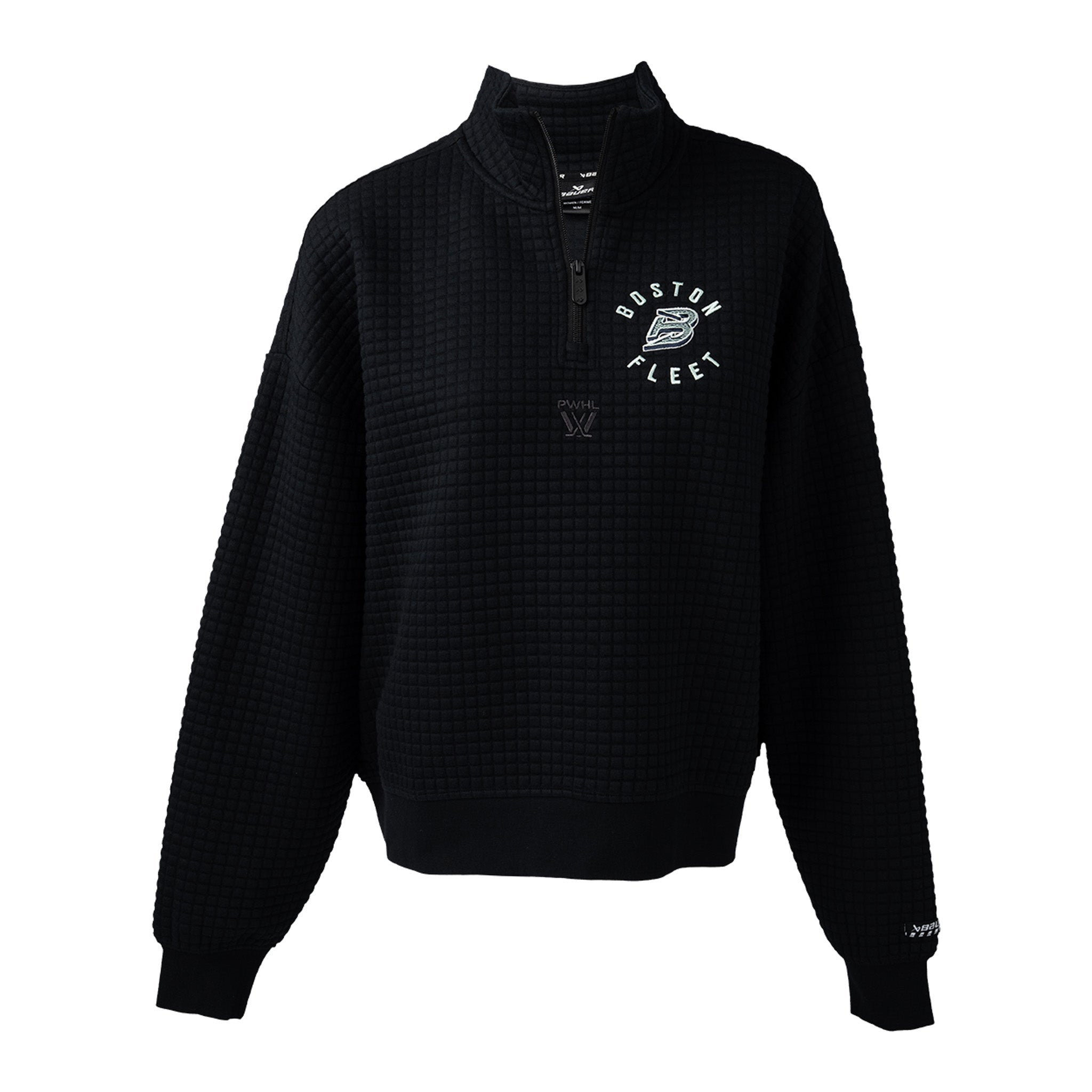 Black quarter-zip sweatshirt with 'Boston Fleet' logo on a white background