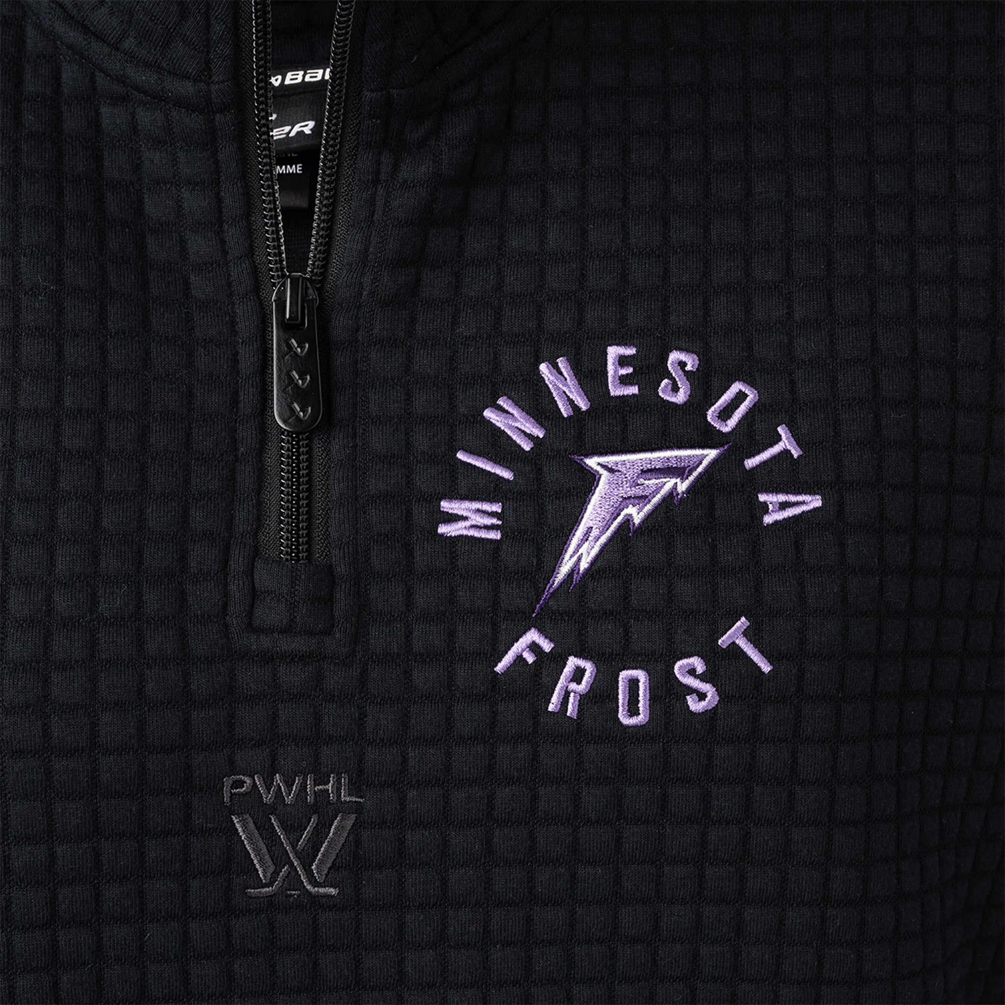 Black quarter-zip sweatshirt with 'Minnesota Frost' logo and branding on a dark background