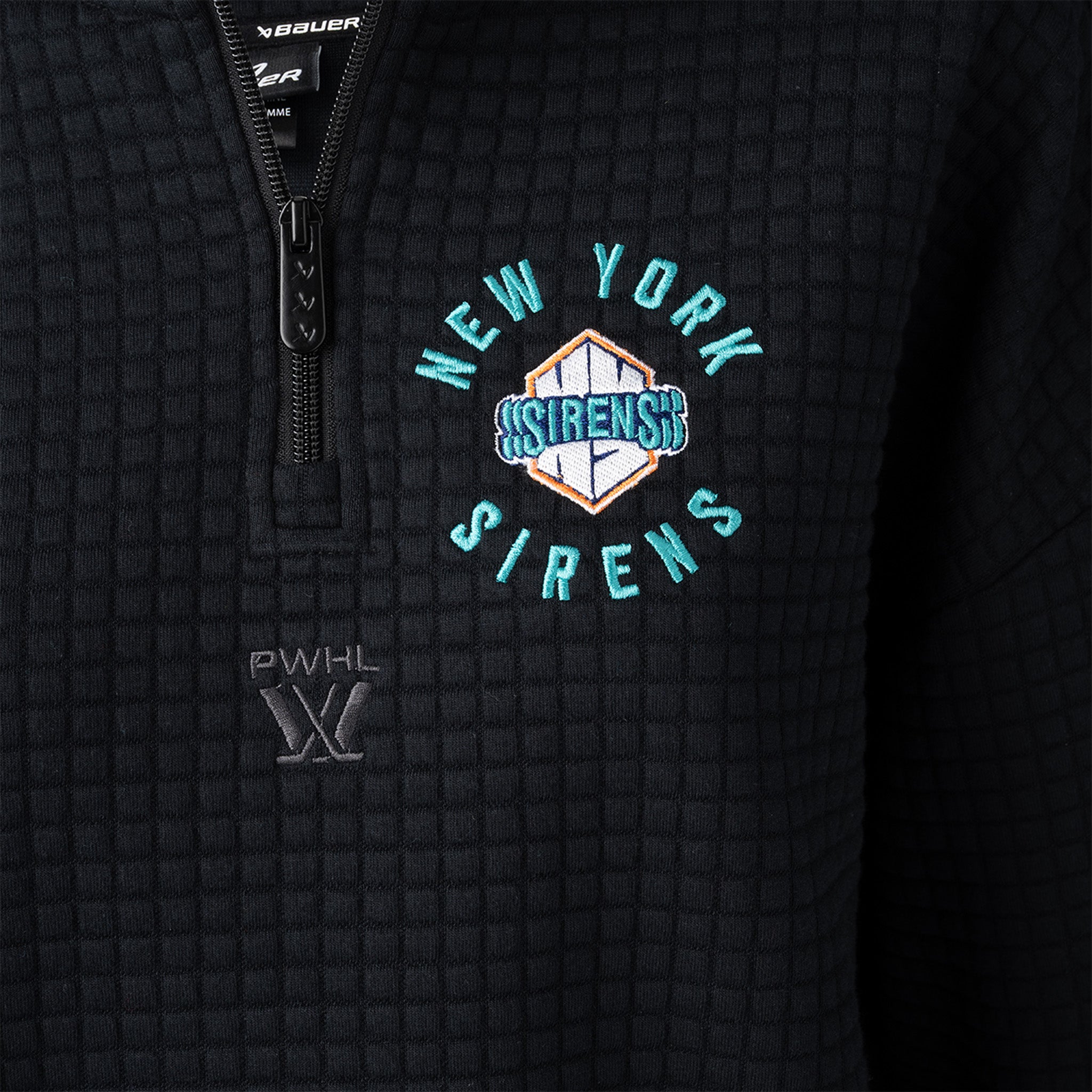Black textured jacket with 'New York Sirens' logo and 'PWHL' branding.