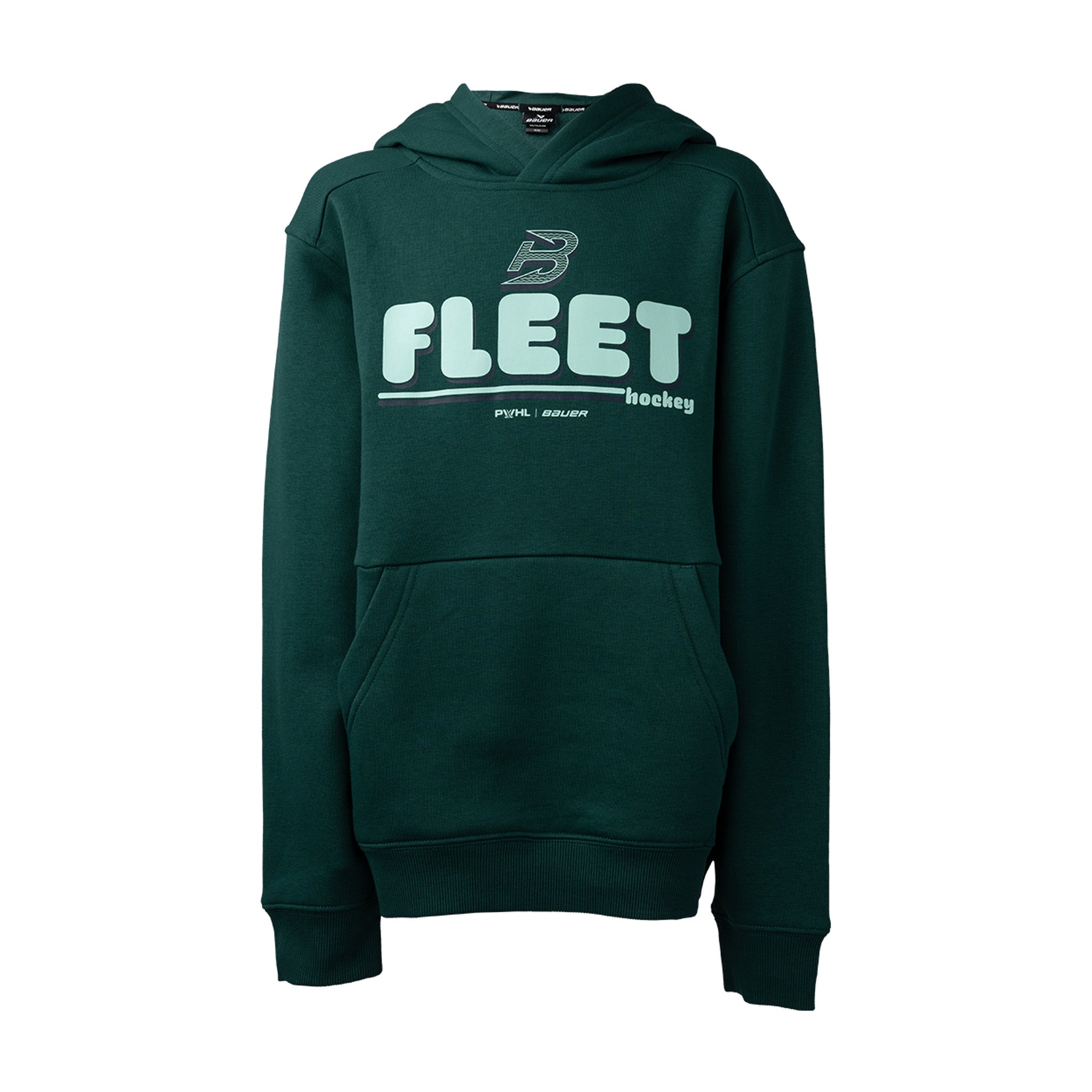 Green hoodie with 'Fleet Hockey' text on a white background