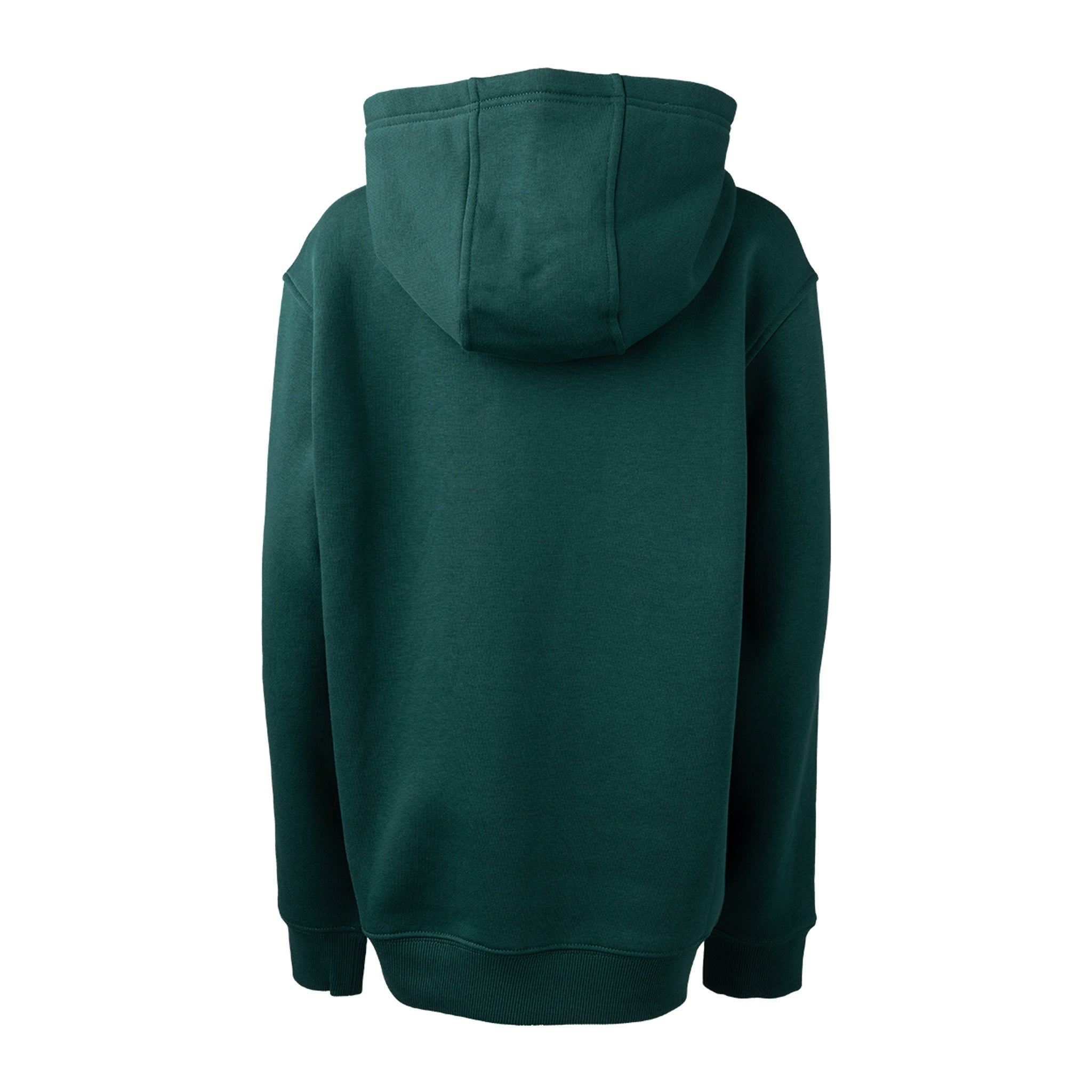 Green hoodie shown from the back on a white background