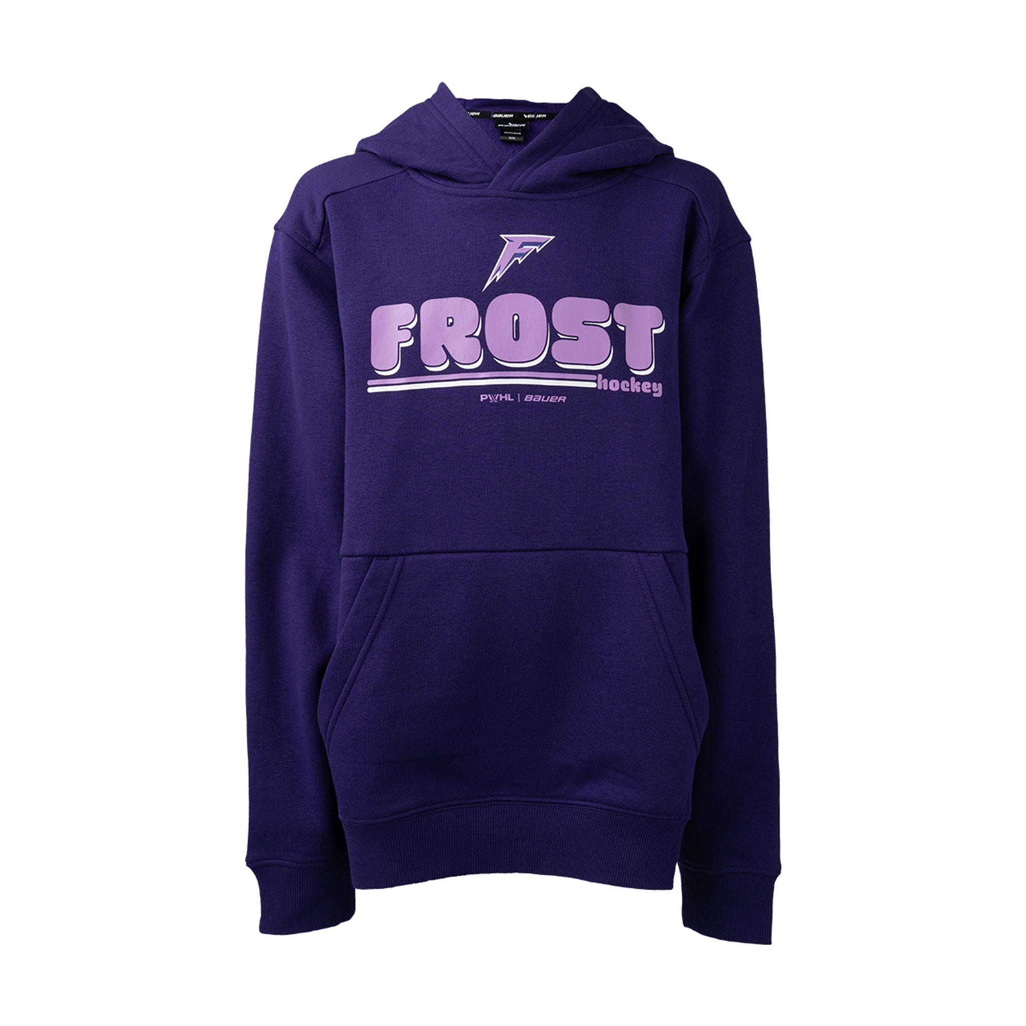 Purple hoodie with 'Frost Hockey' text on a white background