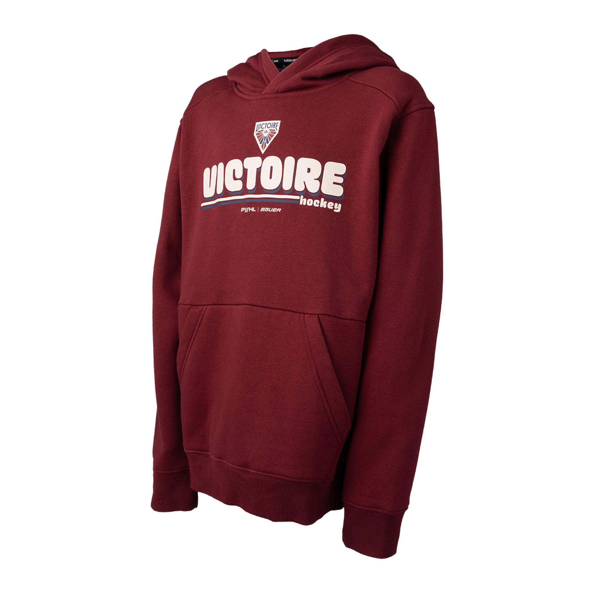 Maroon hoodie with 'VICTOIRE hockey' text on a white background