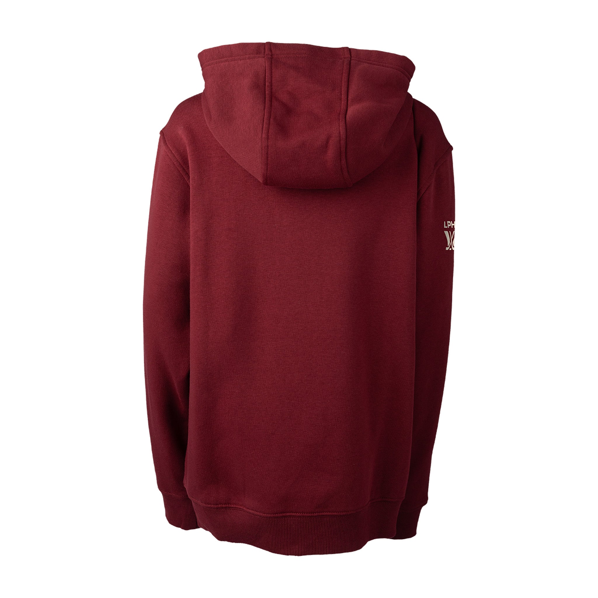 Maroon hoodie with a logo on the back on a white background