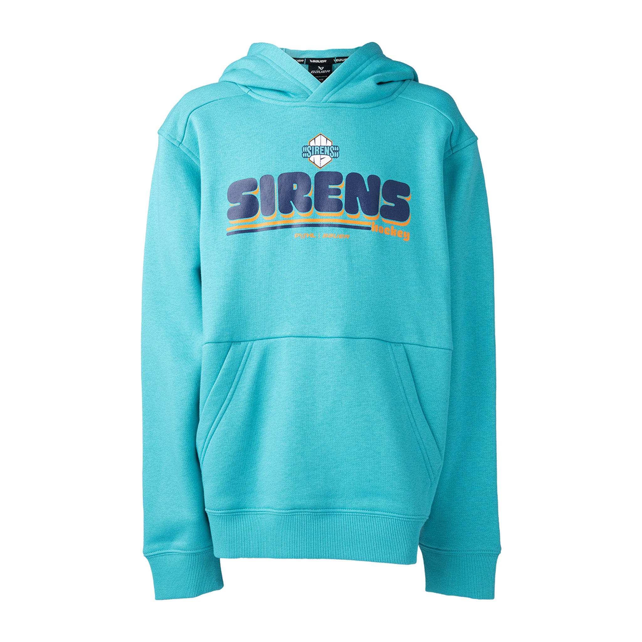 Teal hoodie with 'SIRENS' text on a white background