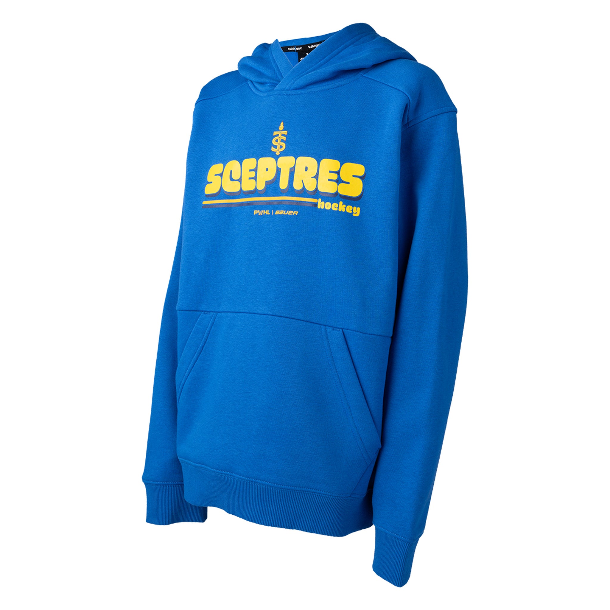 Blue hoodie with yellow text on a white background
