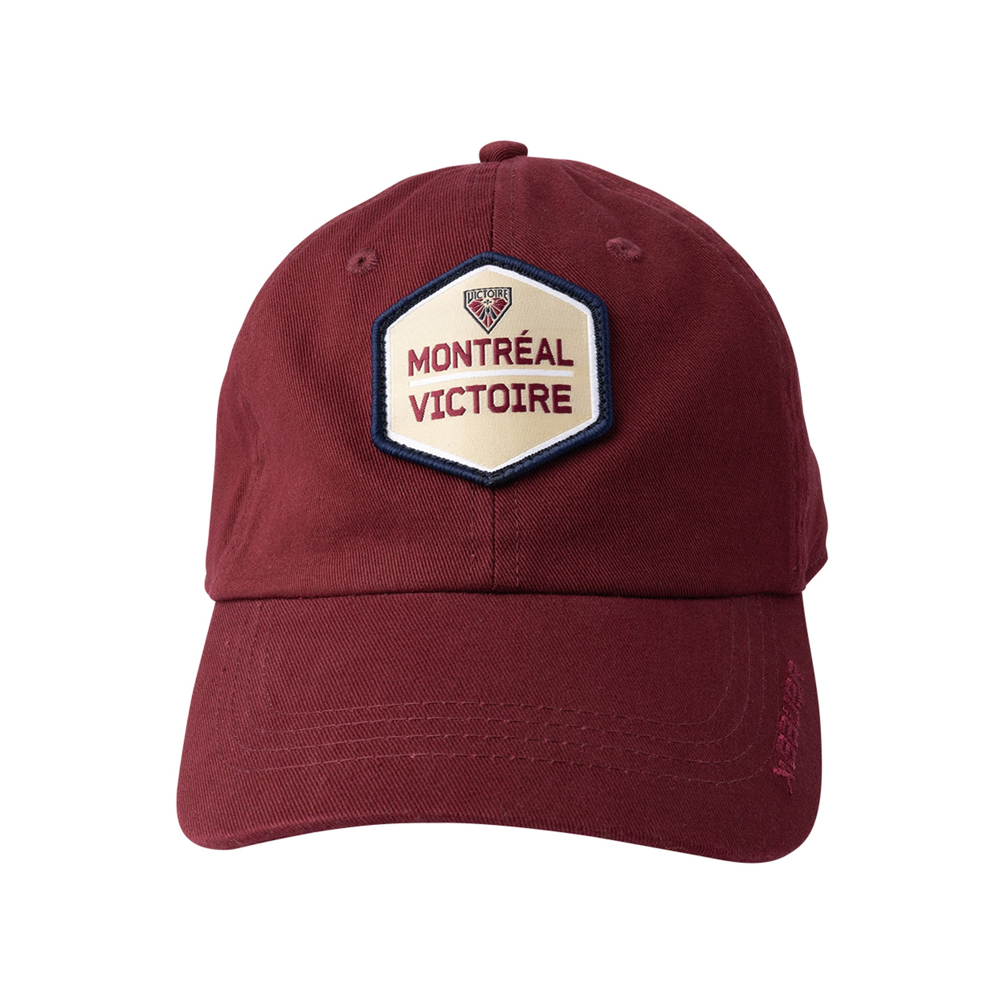 Maroon baseball cap with 'Montreal Victoire' logo on a white background
