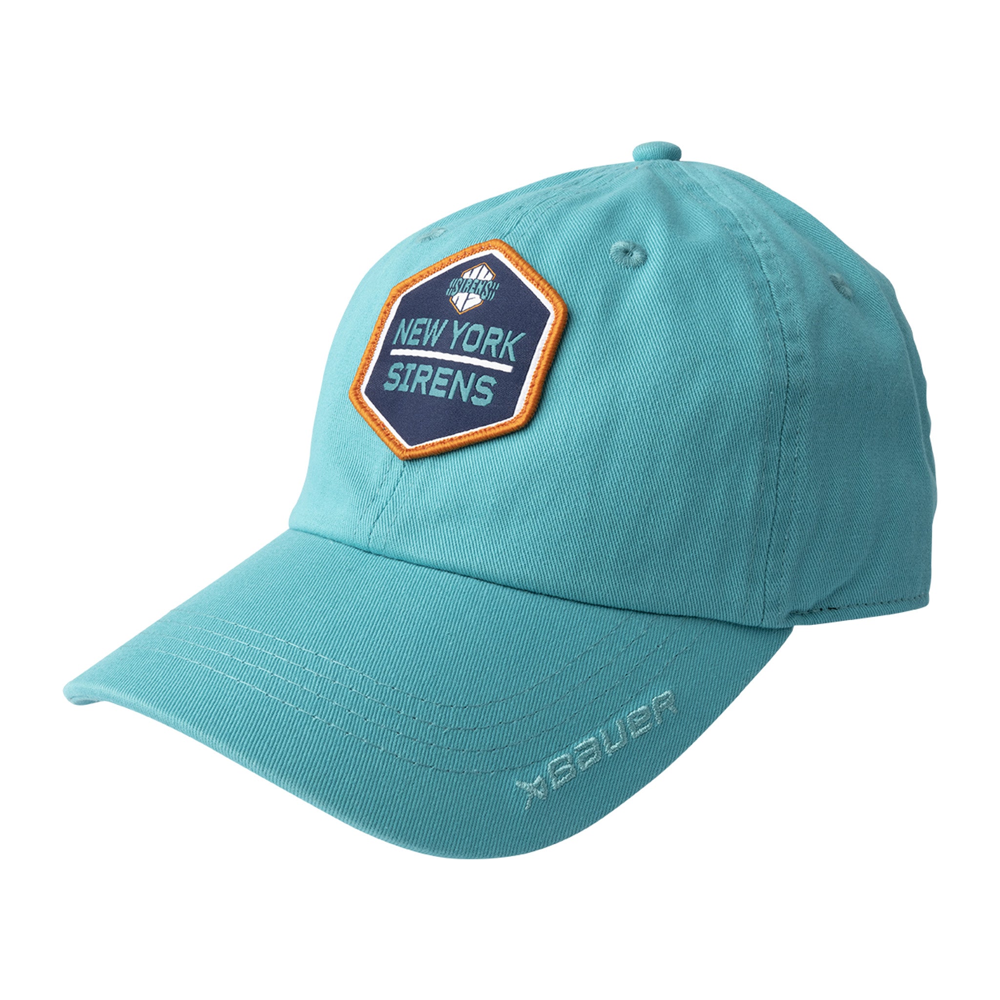 Teal baseball cap with a patch on a white background