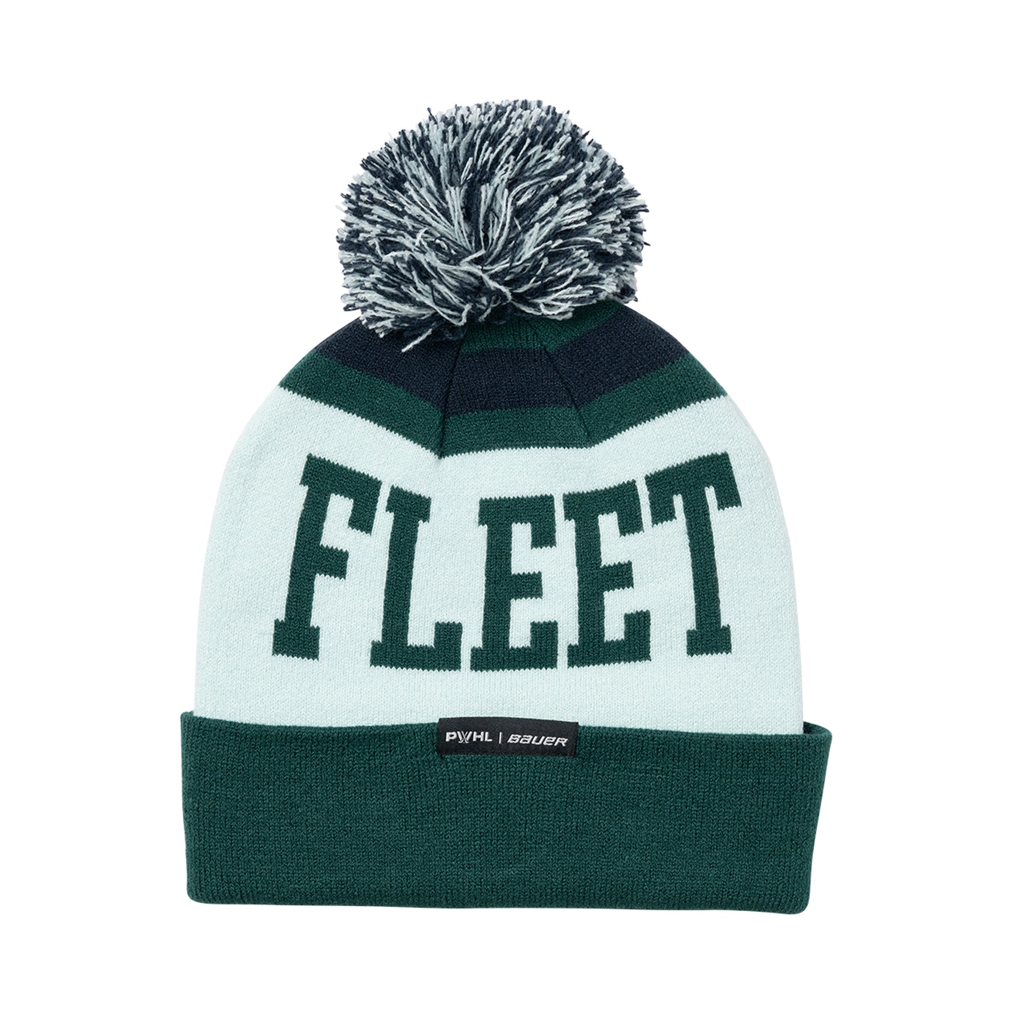 Knitted beanie with 'FLEET' text on a white background