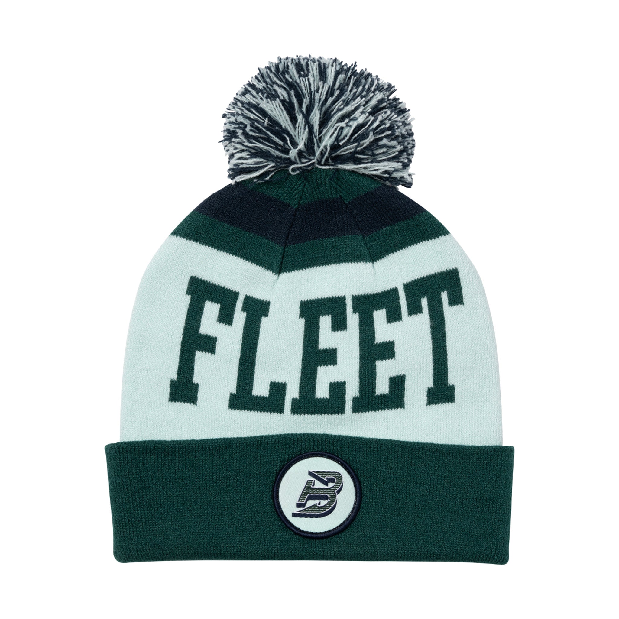 Green and white beanie with 'FLEET' text and pom-pom on a white background