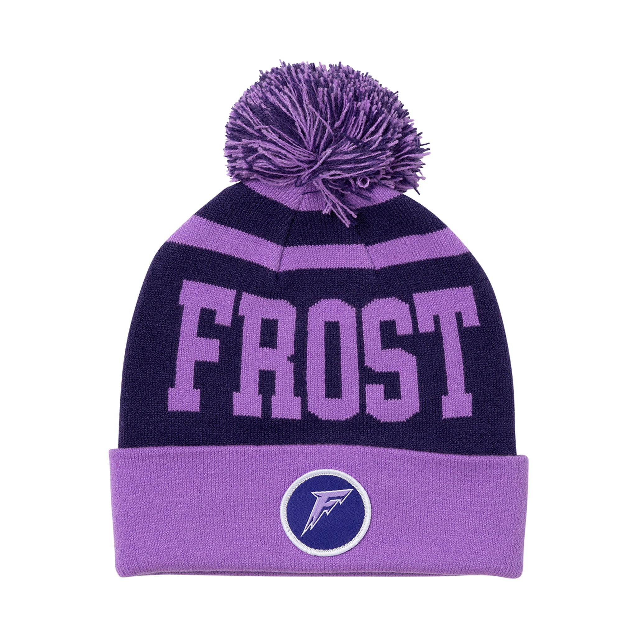 Purple and navy beanie with 'Frost' text and logo on a white background