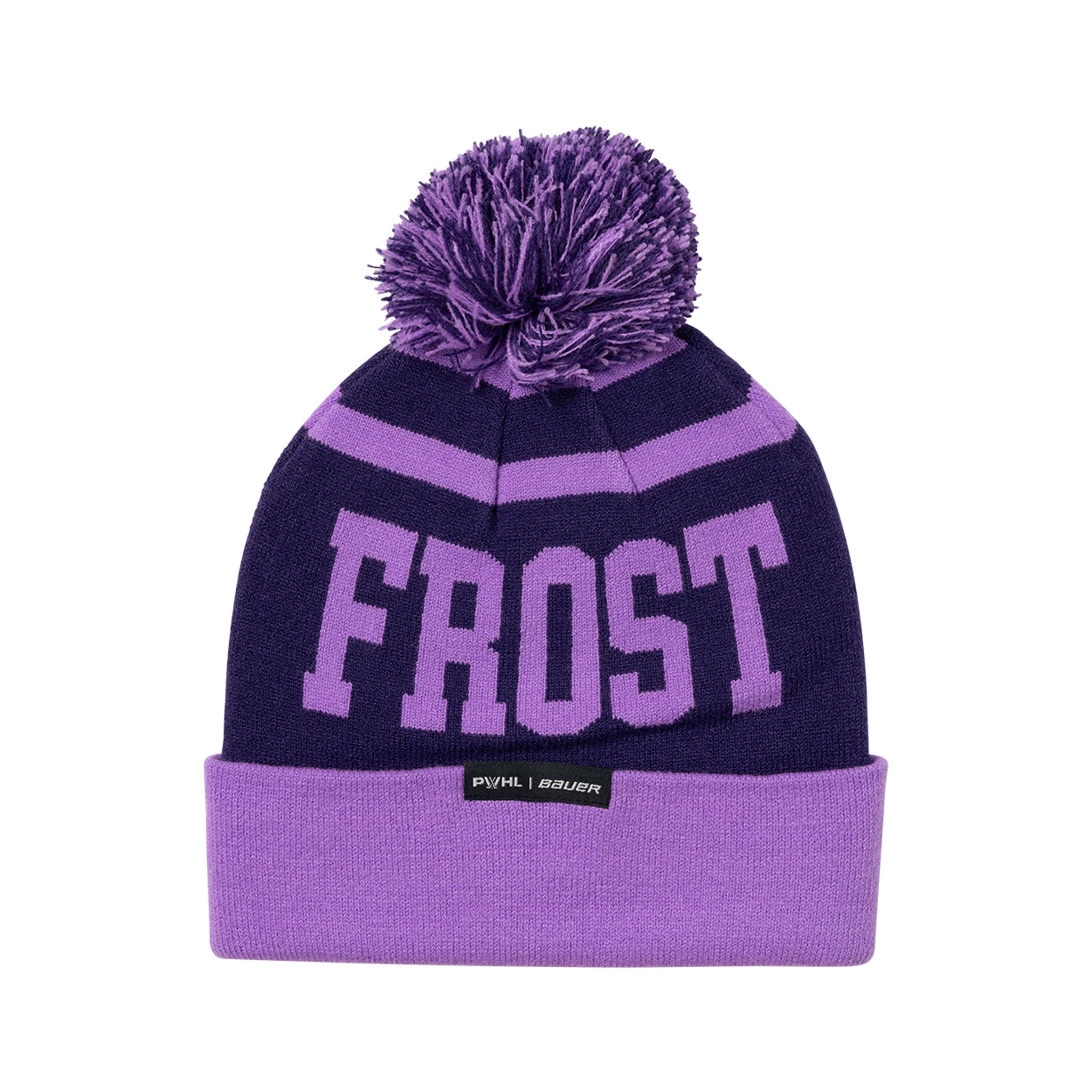 Purple beanie with 'FROST' text on a white background