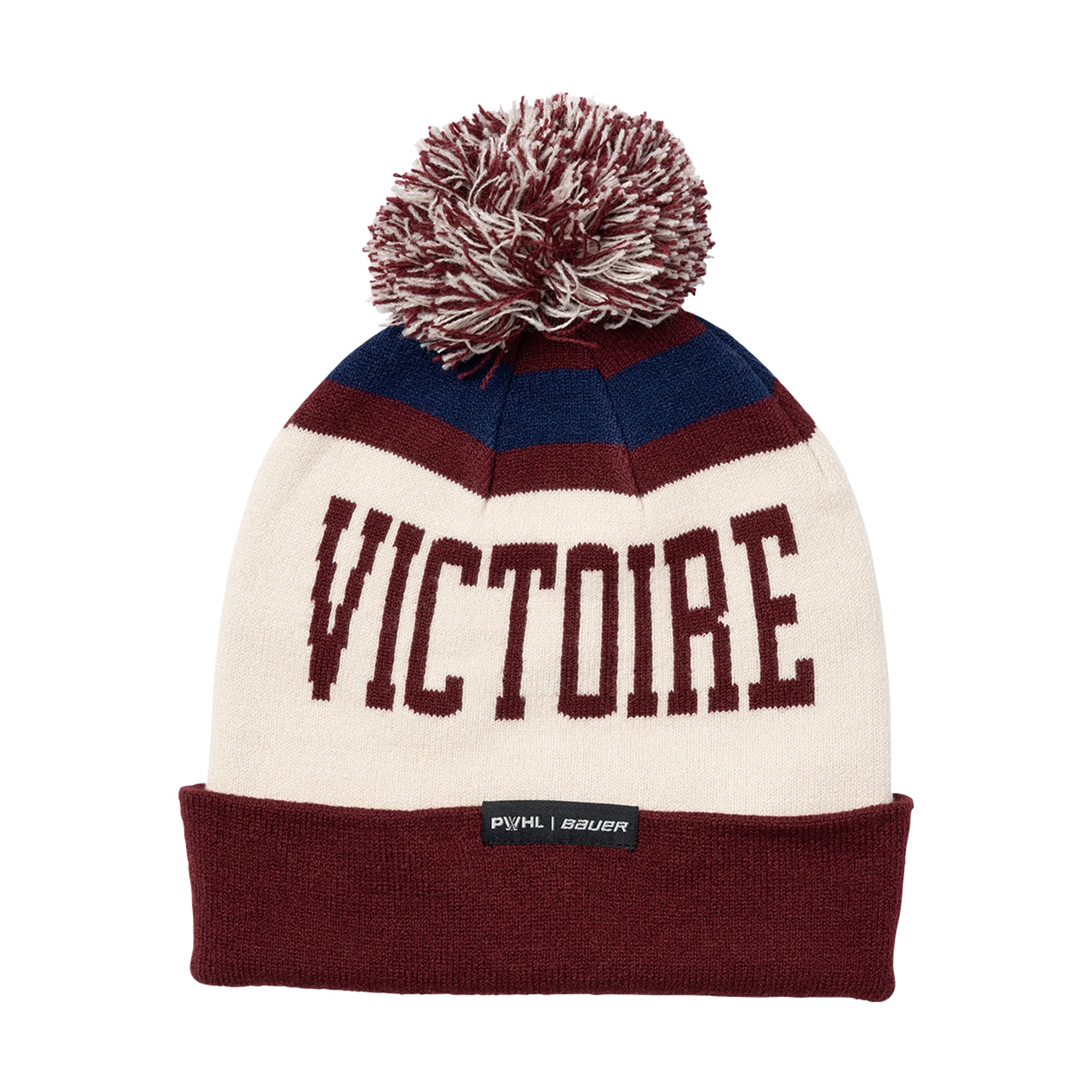Knitted hat with 'VICTOIRE' text and pom-pom on a white background