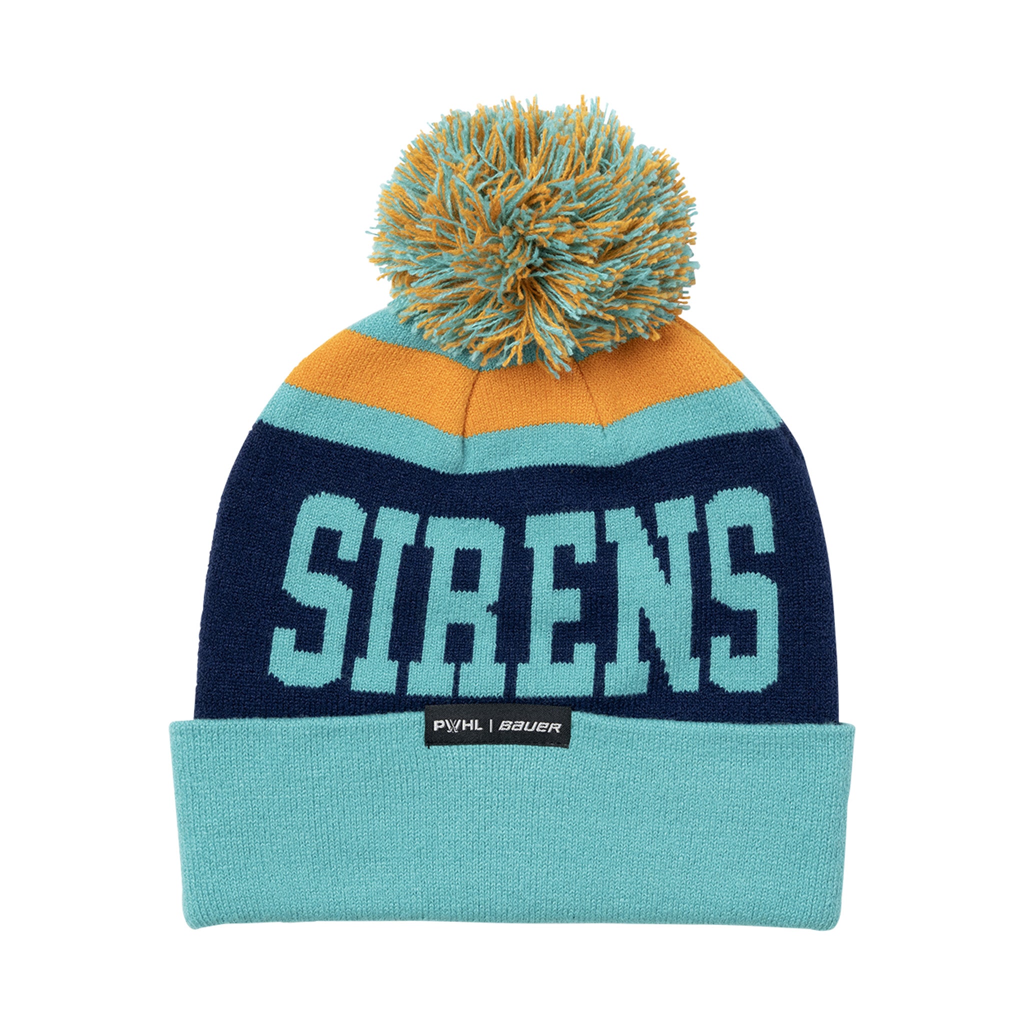 Colorful beanie with 'SIRENS' text on a white background