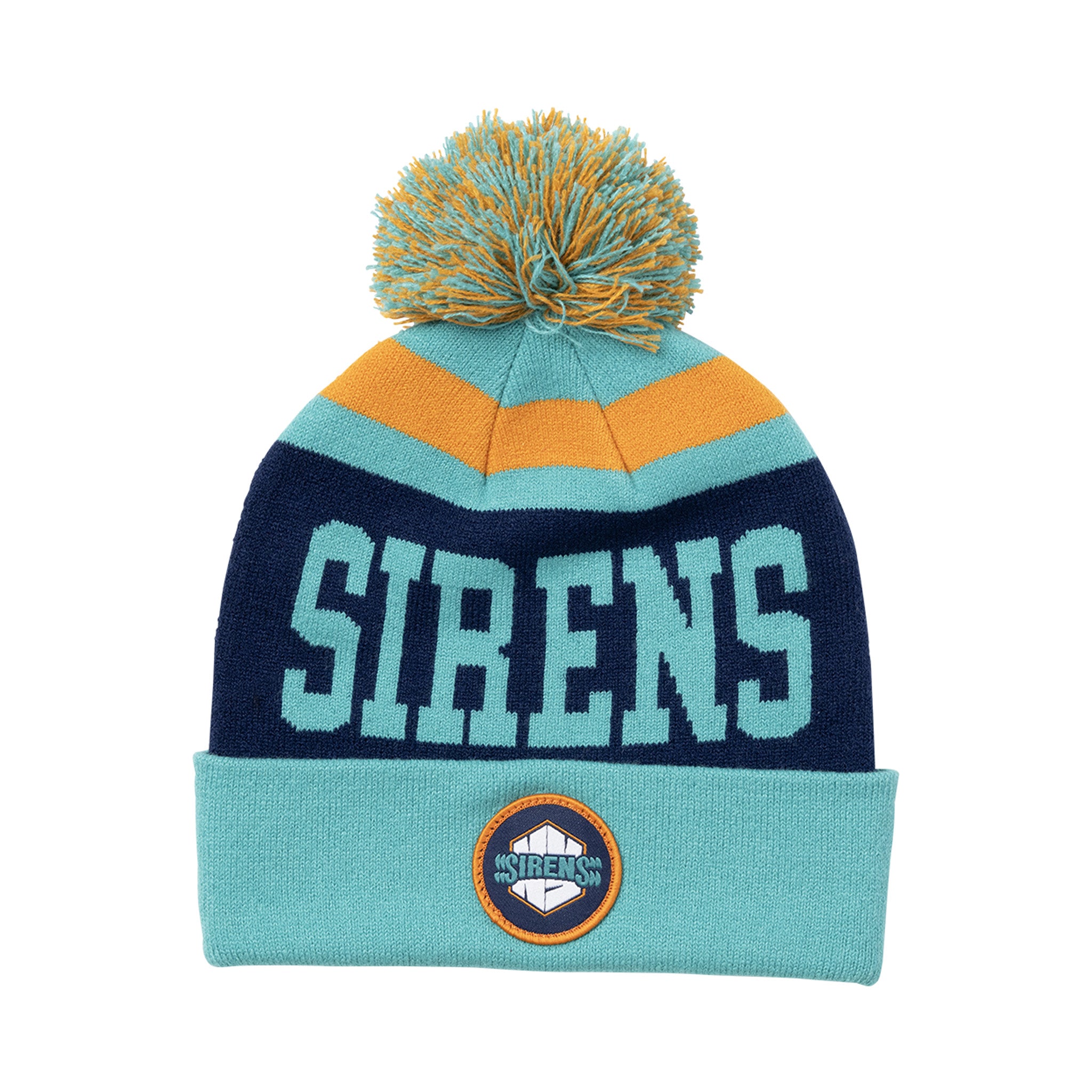Colorful beanie with 'SIRENS' branding on a white background