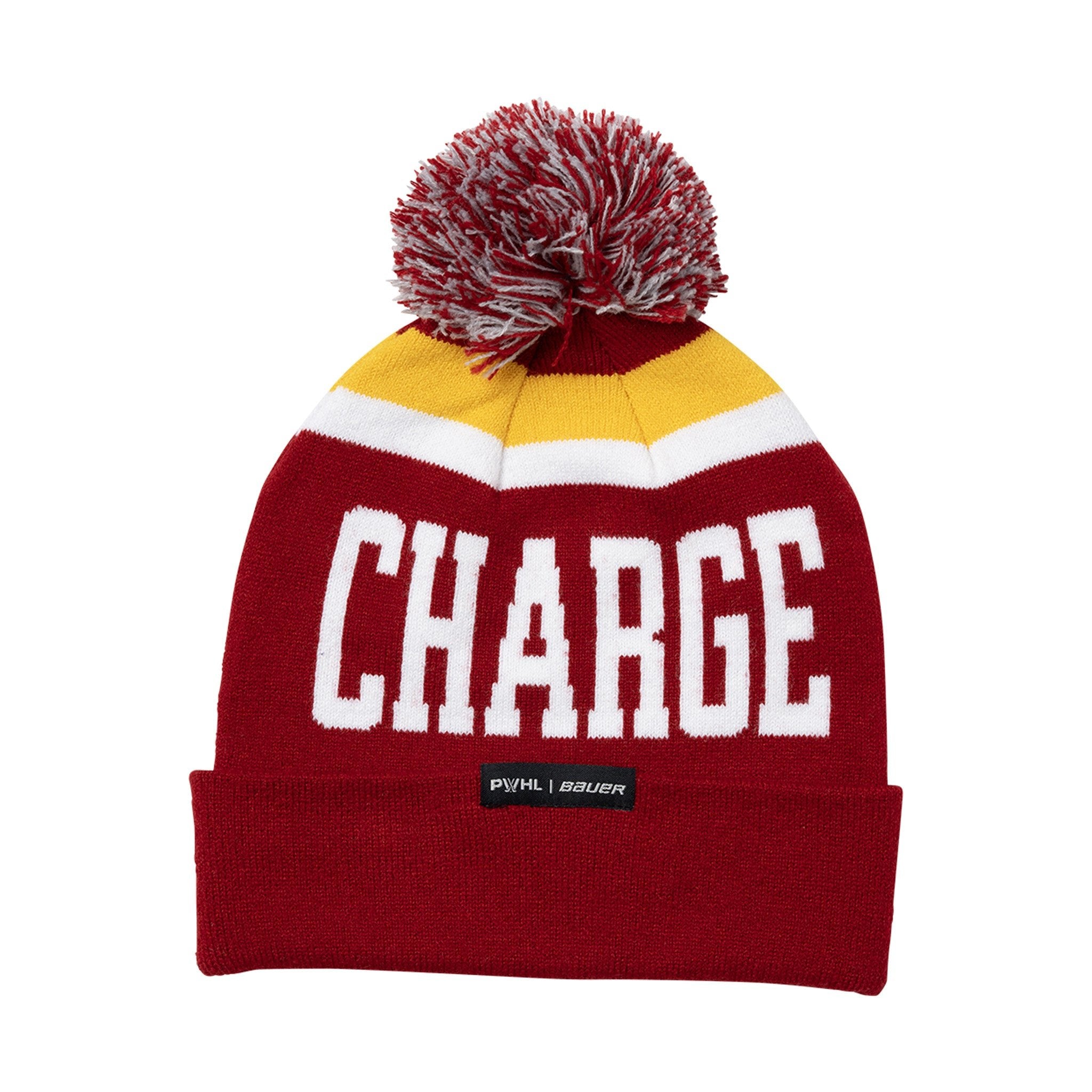 Red beanie with 'CHARGE' text, yellow stripe, and red pom-pom on a white background
