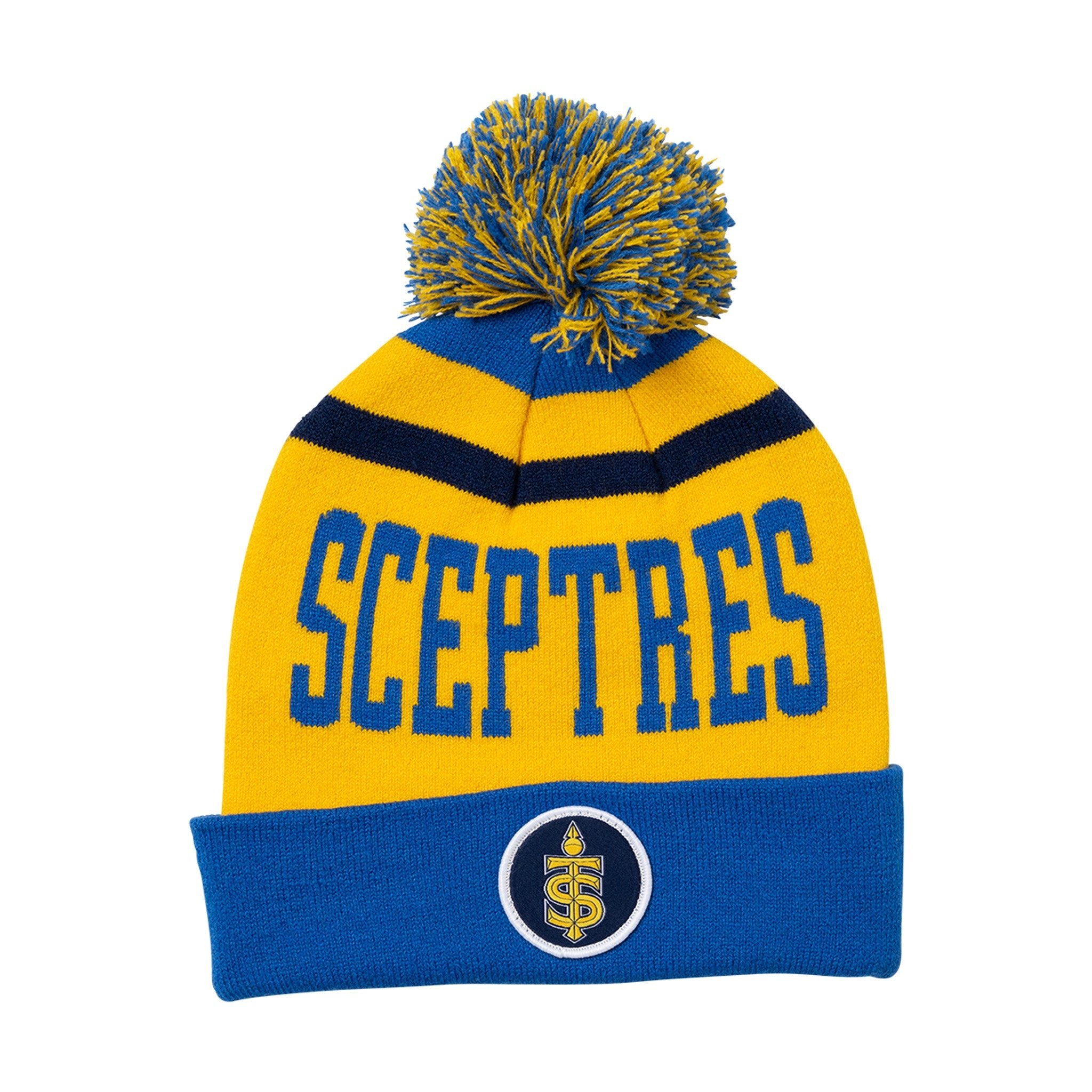 Yellow and blue beanie with 'SCEPTRES' branding on a white background