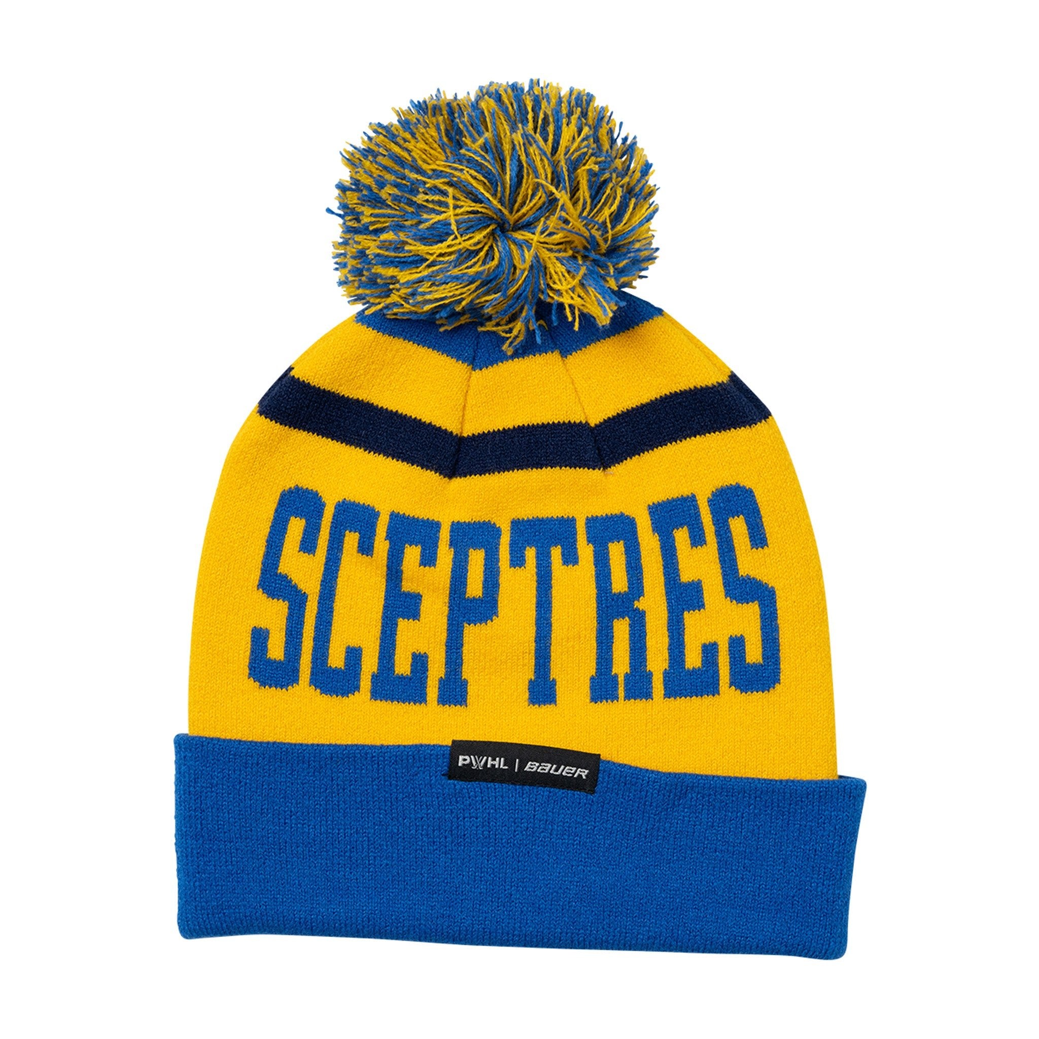 Yellow and blue beanie with 'SCEPTRES' text on a white background