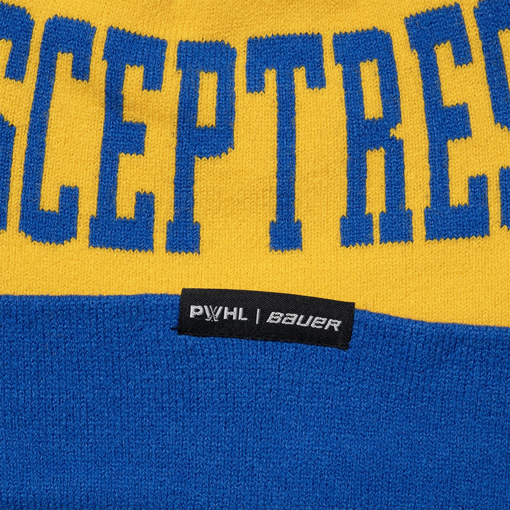 Blue and yellow beanie with 'SCEPTRE' branding and a visible label on a blue background