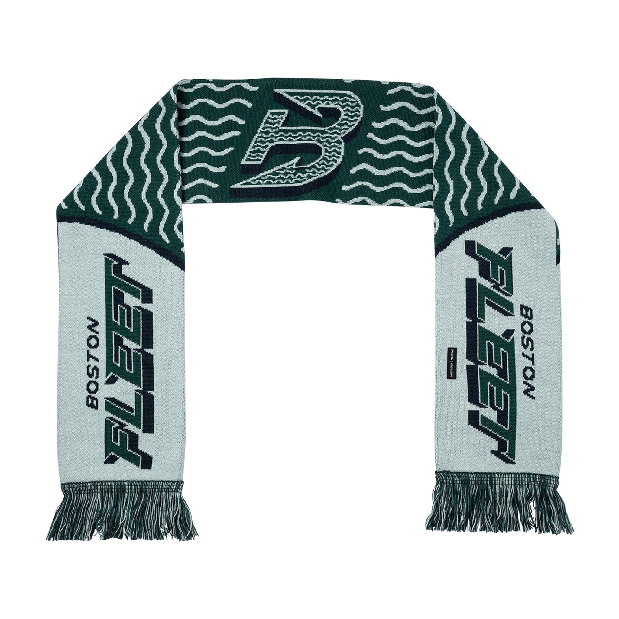 Green and gray scarf with Boston logo on a white background