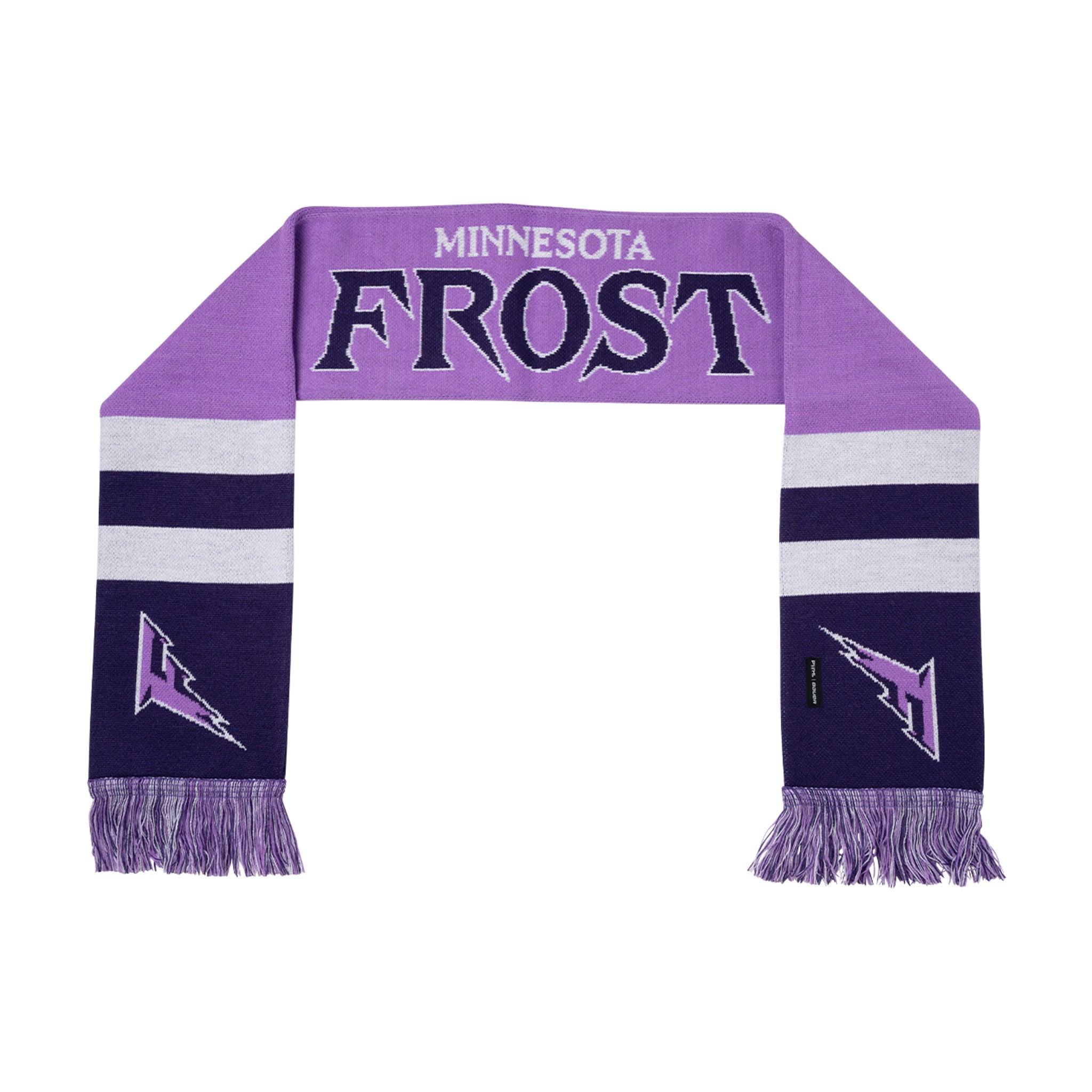 Purple scarf with 'Minnesota Frost' text on a white background