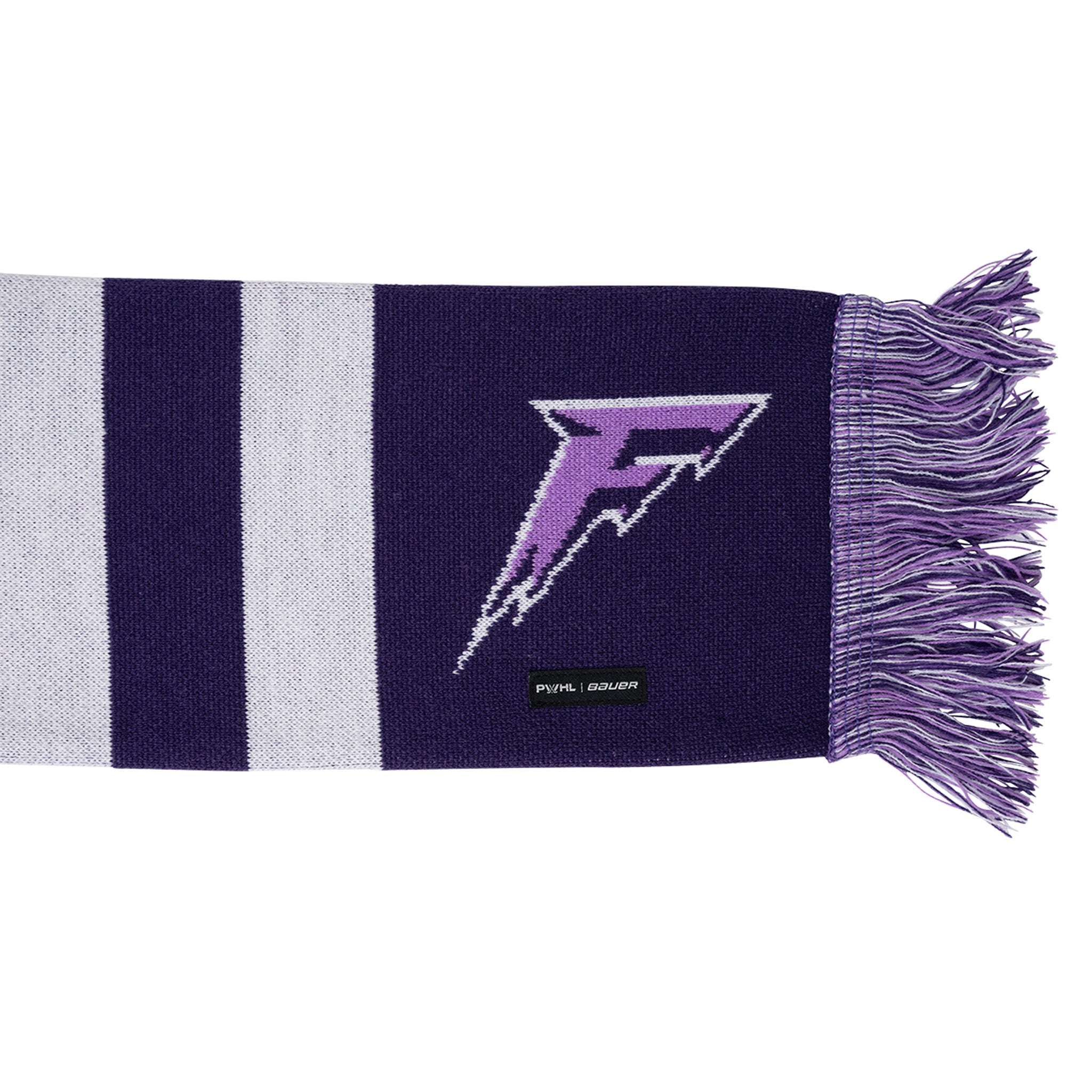 Striped scarf with a logo and brand name on a white background